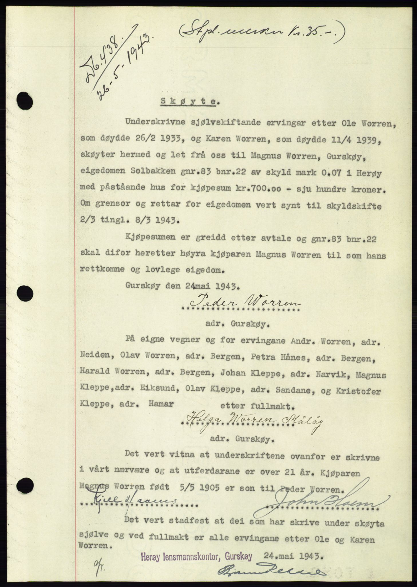 Søre Sunnmøre sorenskriveri, AV/SAT-A-4122/1/2/2C/L0075: Pantebok nr. 1A, 1943-1943, Dagboknr: 438/1943