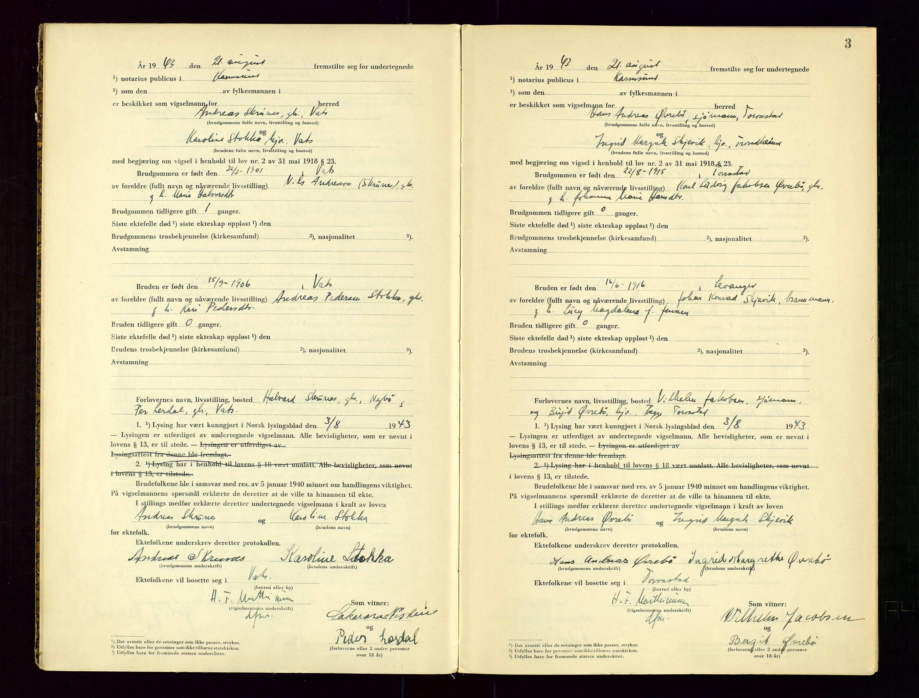 Karmsund sorenskriveri, AV/SAST-A-100311/01/III/IIICBA/L0003: VIGSELSBOK, 1943-1944, s. 3