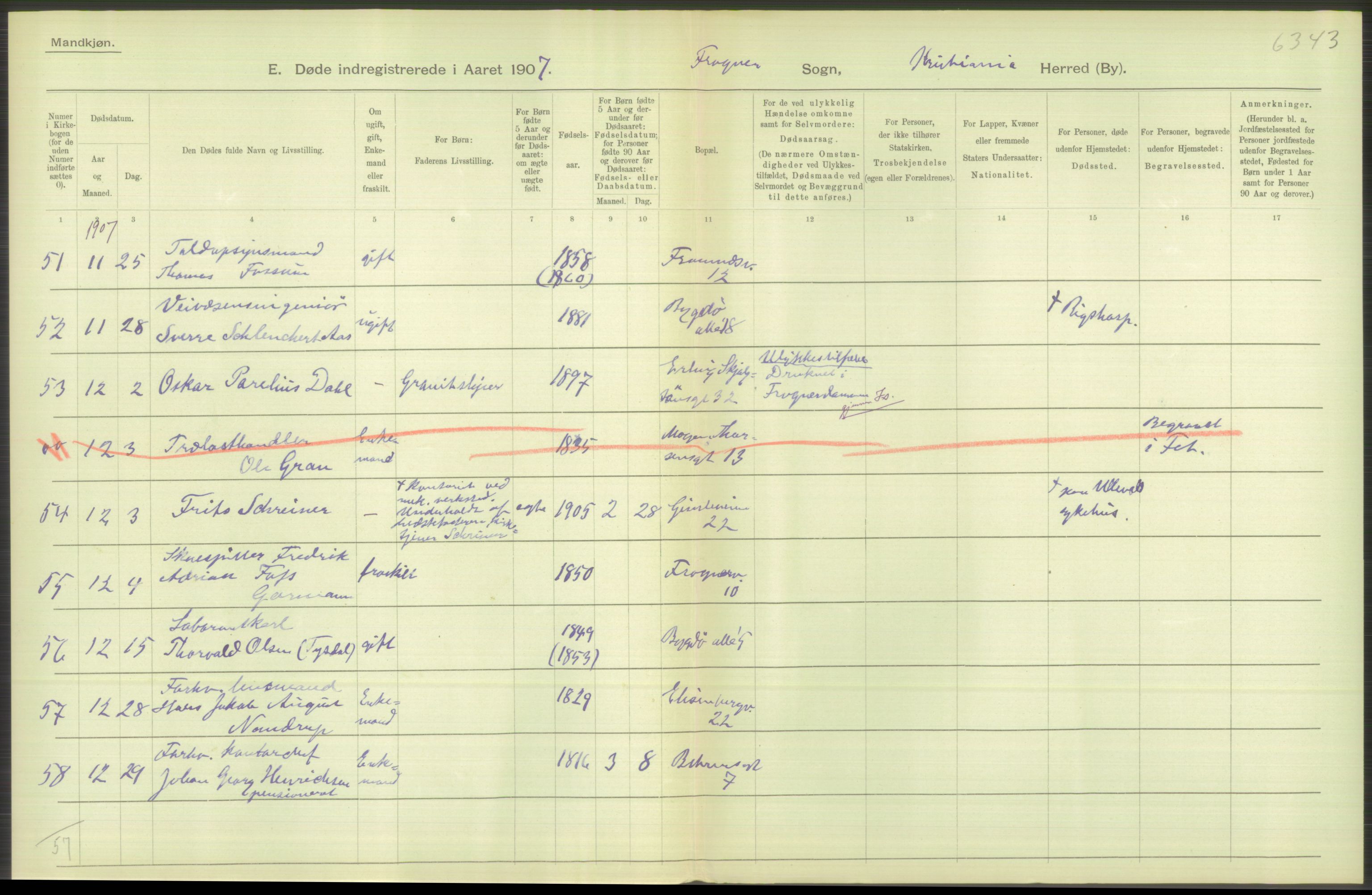 Statistisk sentralbyrå, Sosiodemografiske emner, Befolkning, AV/RA-S-2228/D/Df/Dfa/Dfae/L0010: Kristiania: Døde, dødfødte, 1907, s. 516