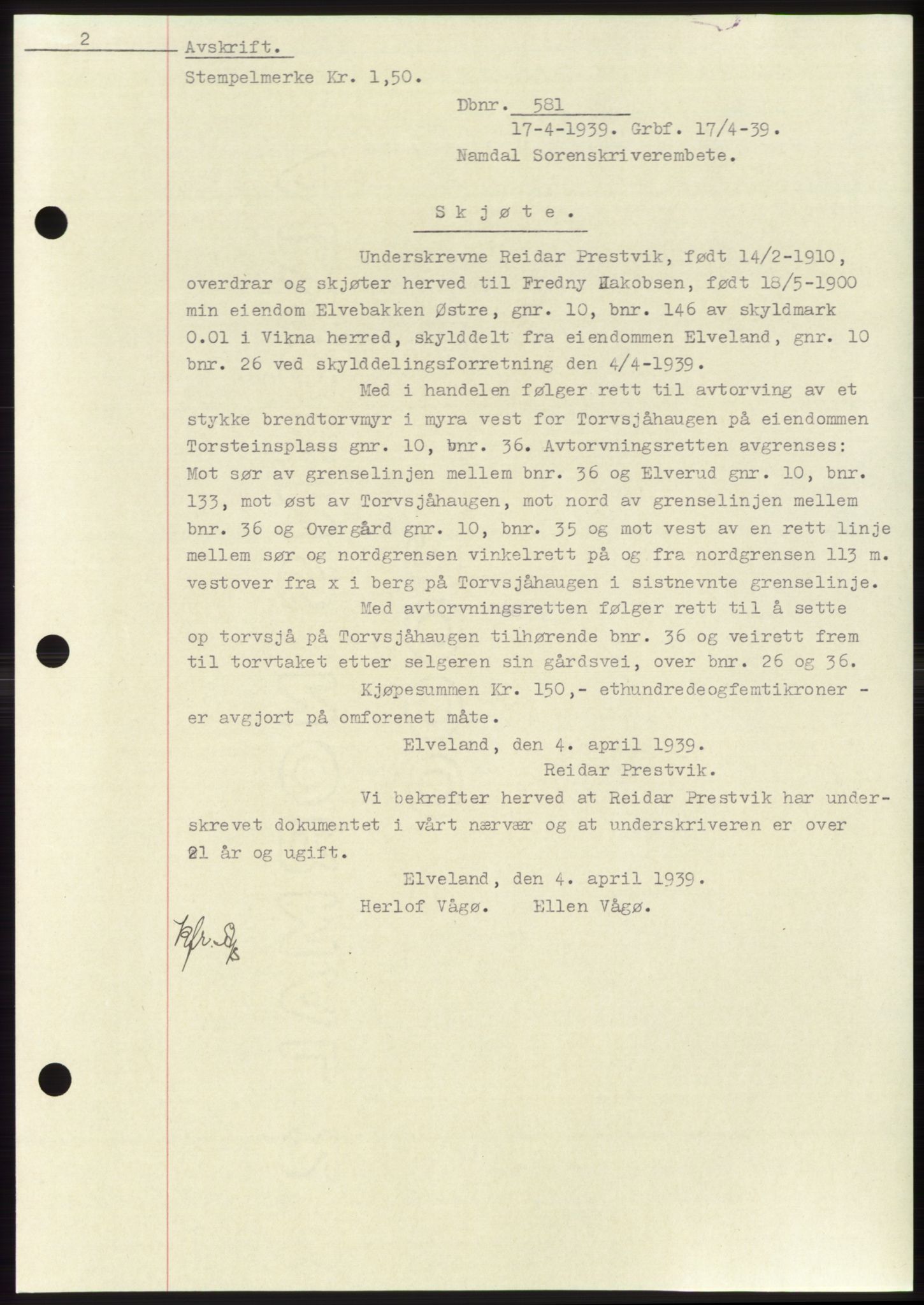 Namdal sorenskriveri, SAT/A-4133/1/2/2C: Pantebok nr. -, 1937-1939, Tingl.dato: 17.04.1939