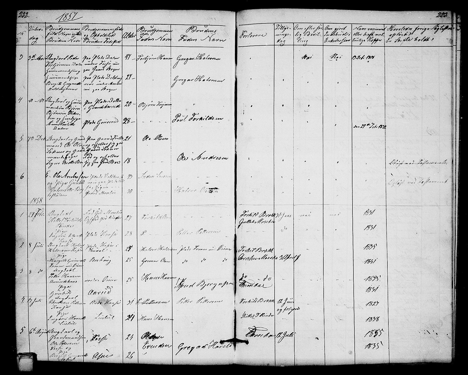 Hjartdal kirkebøker, AV/SAKO-A-270/G/Gb/L0002: Klokkerbok nr. II 2, 1854-1884, s. 222-223