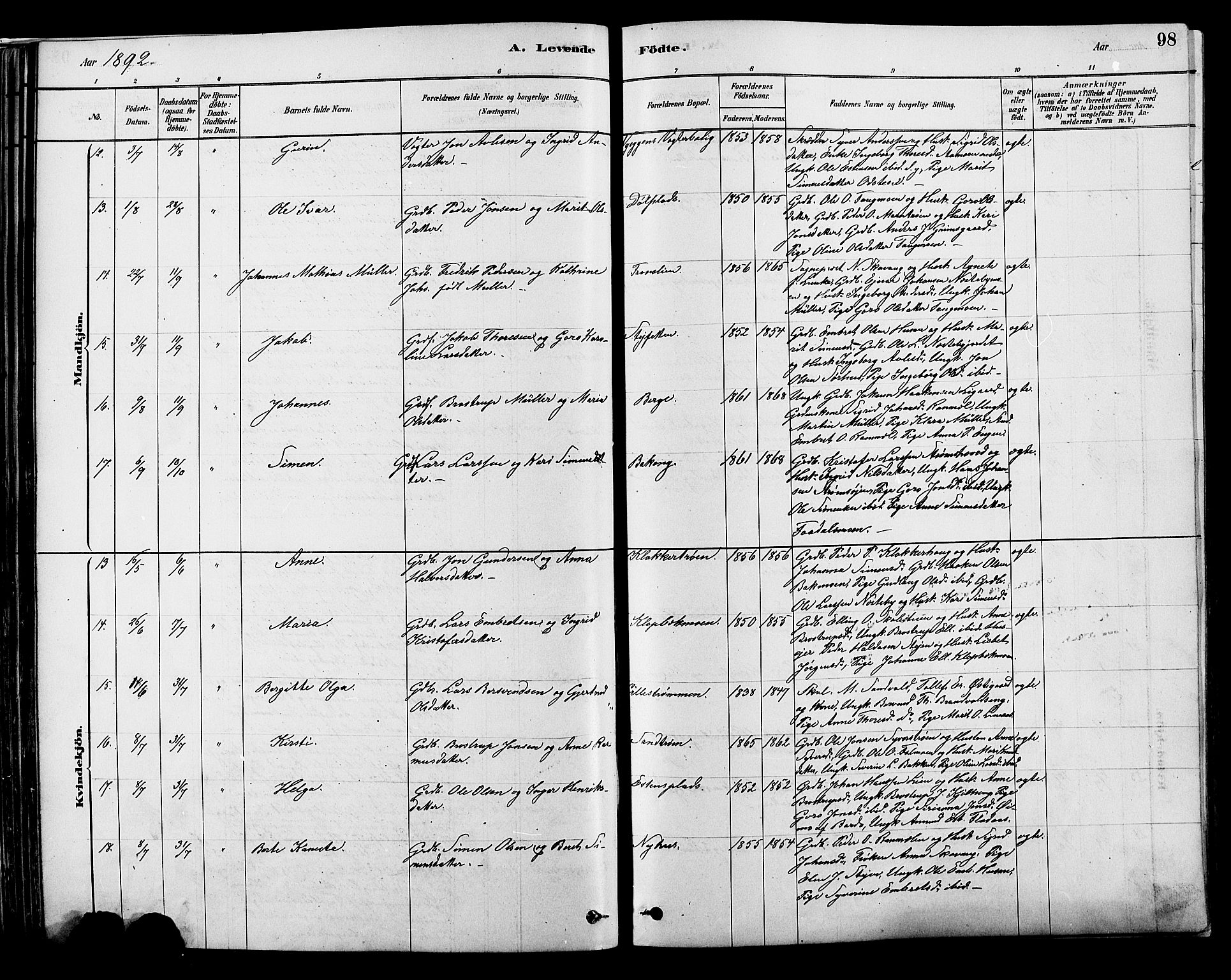 Alvdal prestekontor, AV/SAH-PREST-060/H/Ha/Hab/L0003: Klokkerbok nr. 3, 1878-1907, s. 98