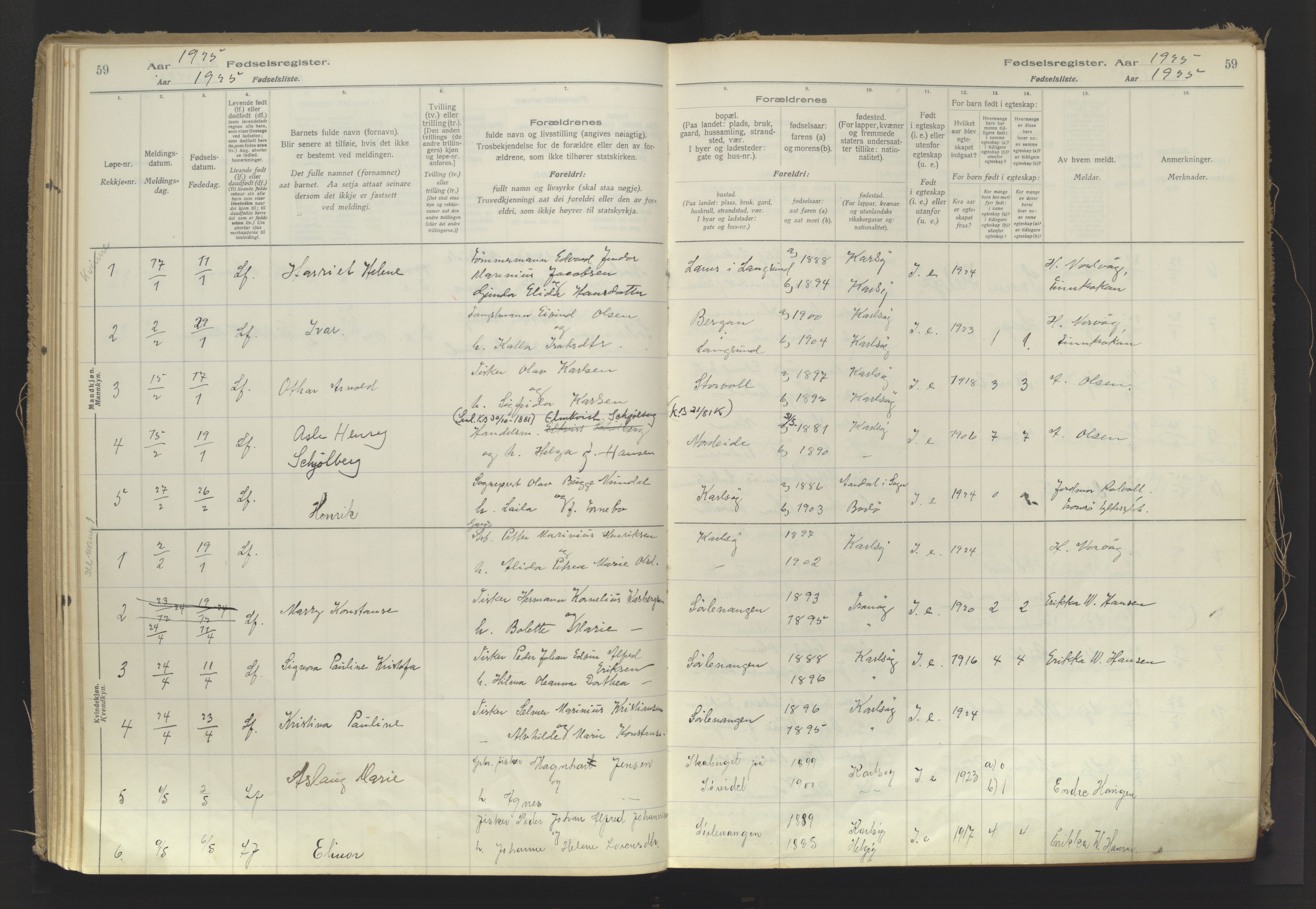 Karlsøy sokneprestembete, AV/SATØ-S-1299/I/Ic/L0064: Fødselsregister nr. 64, 1916-1943, s. 59