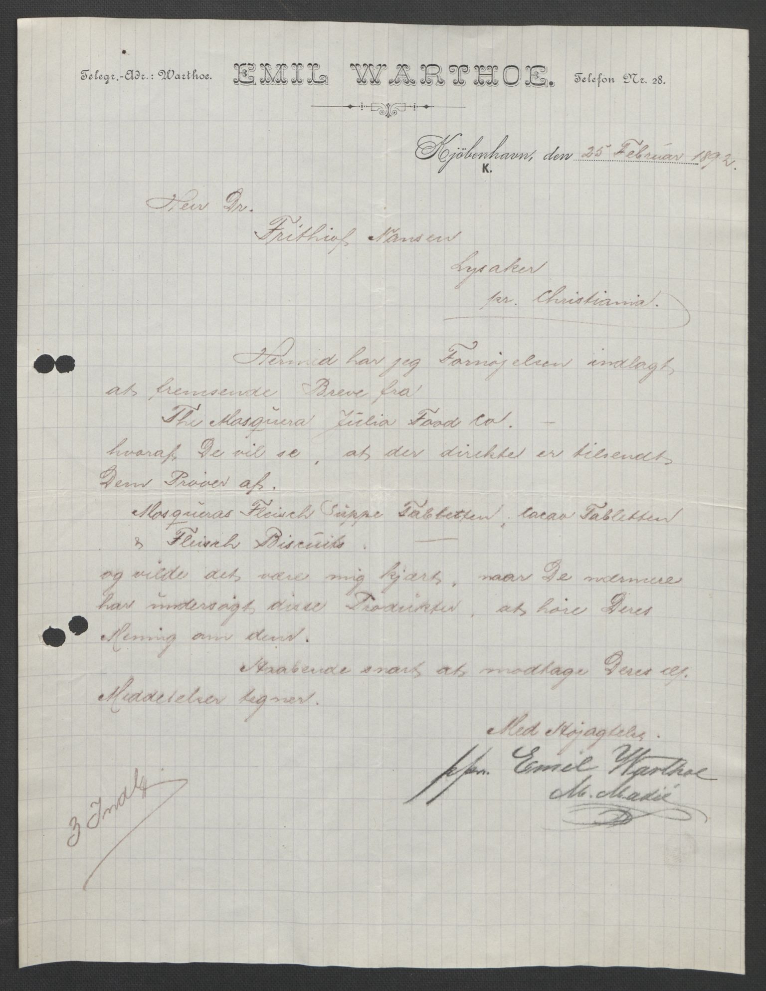 Arbeidskomitéen for Fridtjof Nansens polarekspedisjon, AV/RA-PA-0061/D/L0004: Innk. brev og telegrammer vedr. proviant og utrustning, 1892-1893, s. 586