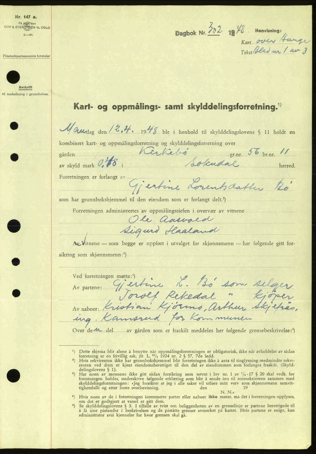 Dalane sorenskriveri, SAST/A-100309/02/G/Gb/L0051: Pantebok nr. A11, 1947-1948, Dagboknr: 302/1948