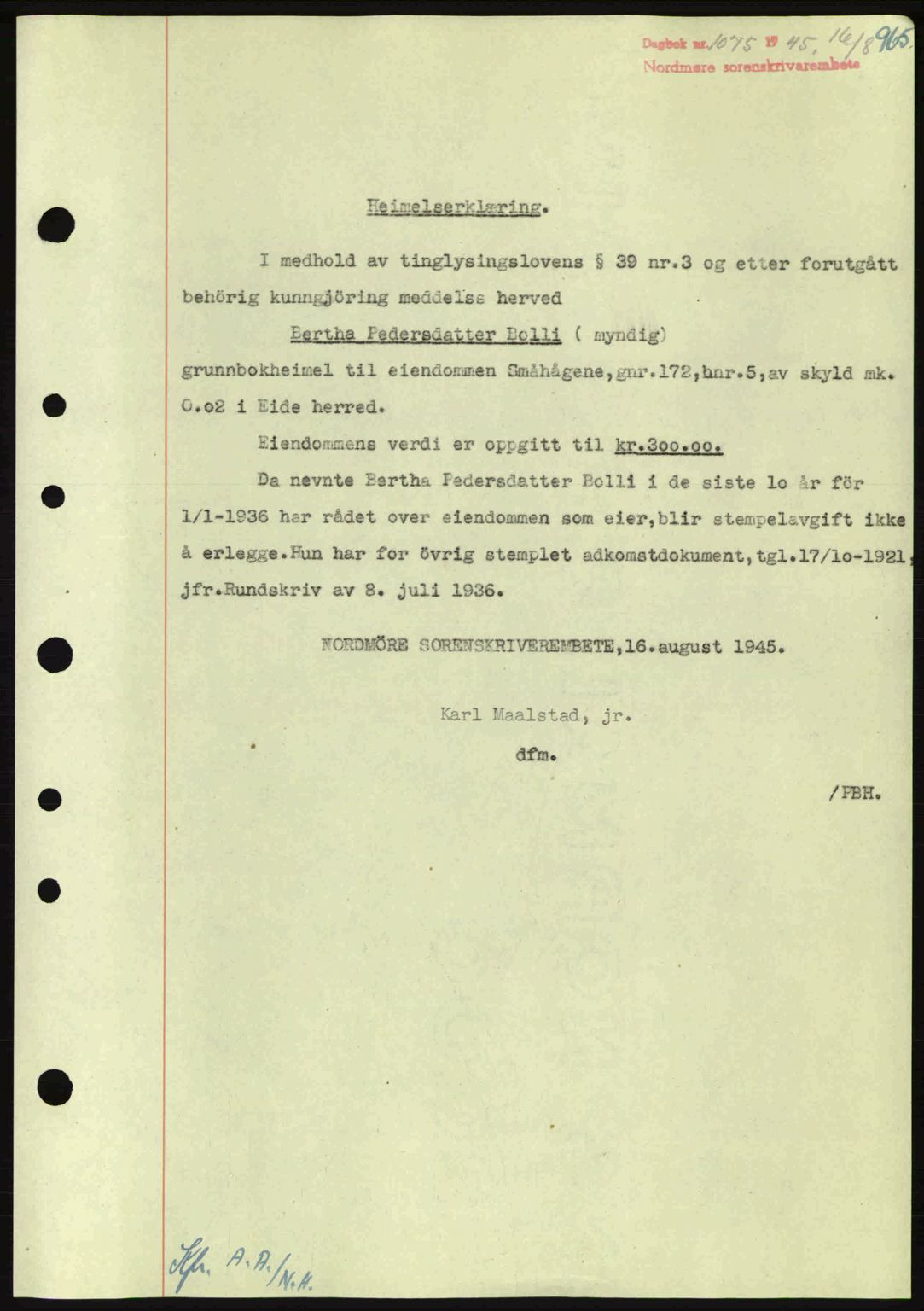 Nordmøre sorenskriveri, SAT/A-4132/1/2/2Ca: Pantebok nr. A99, 1945-1945, Dagboknr: 1075/1945