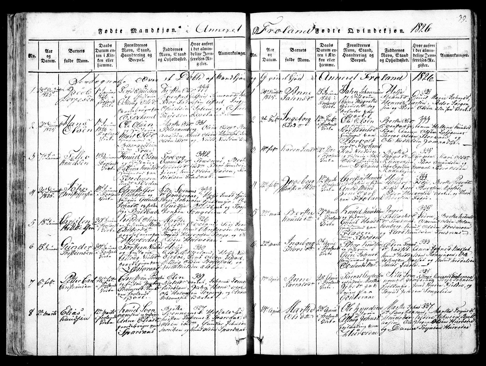 Fjære sokneprestkontor, AV/SAK-1111-0011/F/Fb/L0007: Klokkerbok nr. B 7, 1816-1826, s. 39
