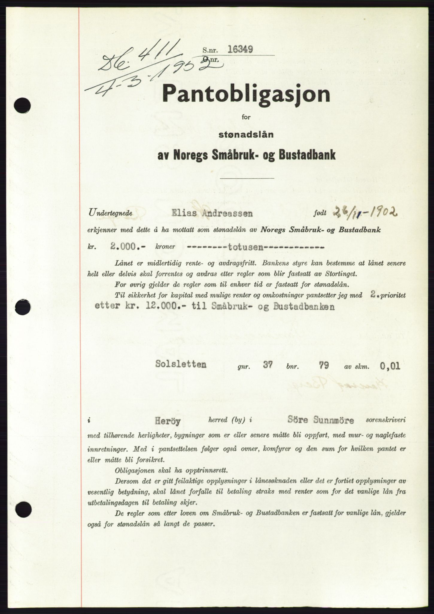 Søre Sunnmøre sorenskriveri, AV/SAT-A-4122/1/2/2C/L0121: Pantebok nr. 9B, 1951-1952, Dagboknr: 411/1952