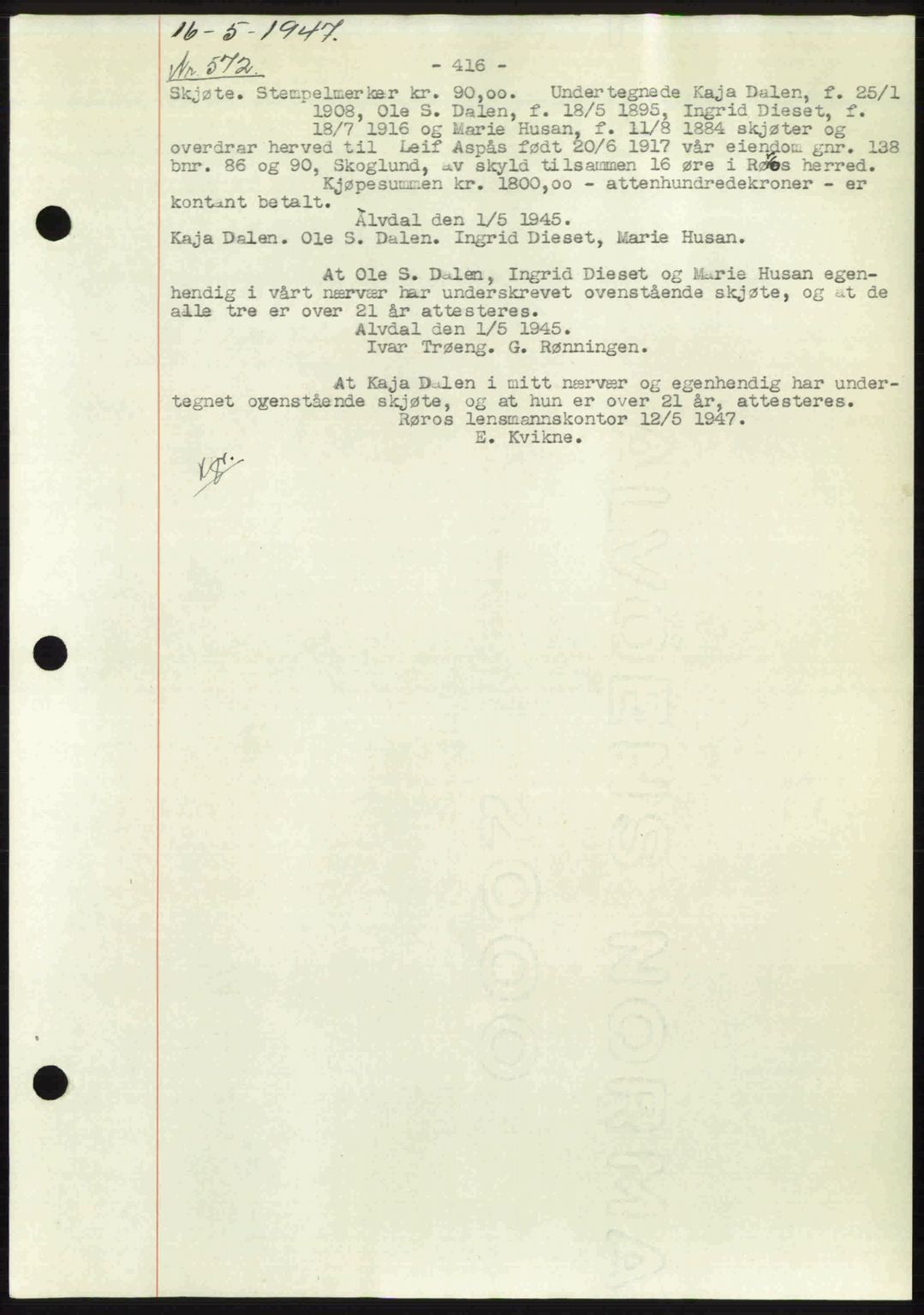 Gauldal sorenskriveri, SAT/A-0014/1/2/2C: Pantebok nr. A3, 1947-1947, Dagboknr: 572/1947