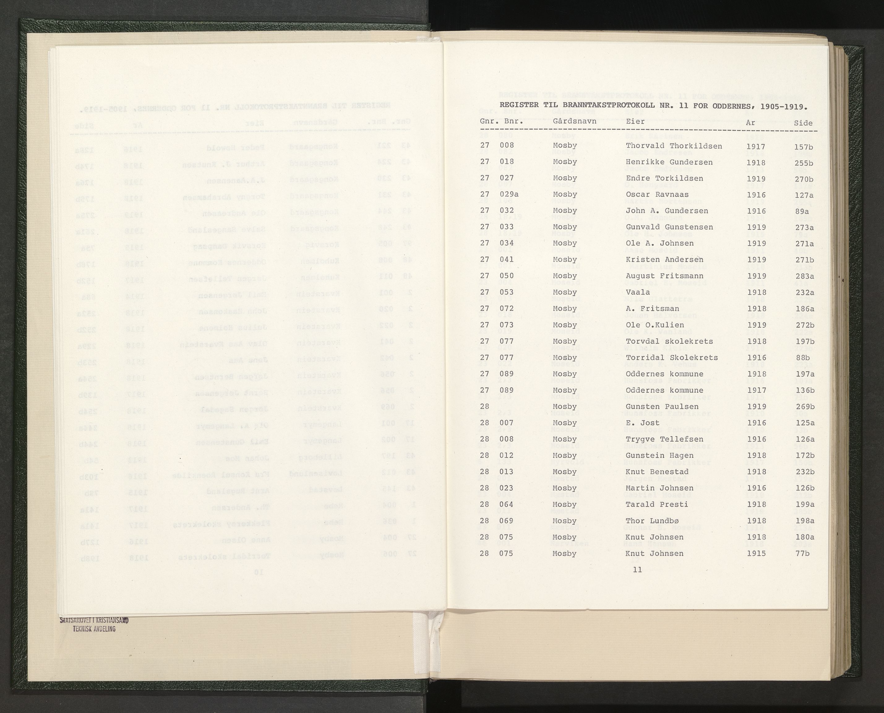 Norges Brannkasse Oddernes, AV/SAK-2241-0042/F/Fa/L0011: Branntakstprotokoll nr. 11 med gårdsnavnregister, 1905-1919