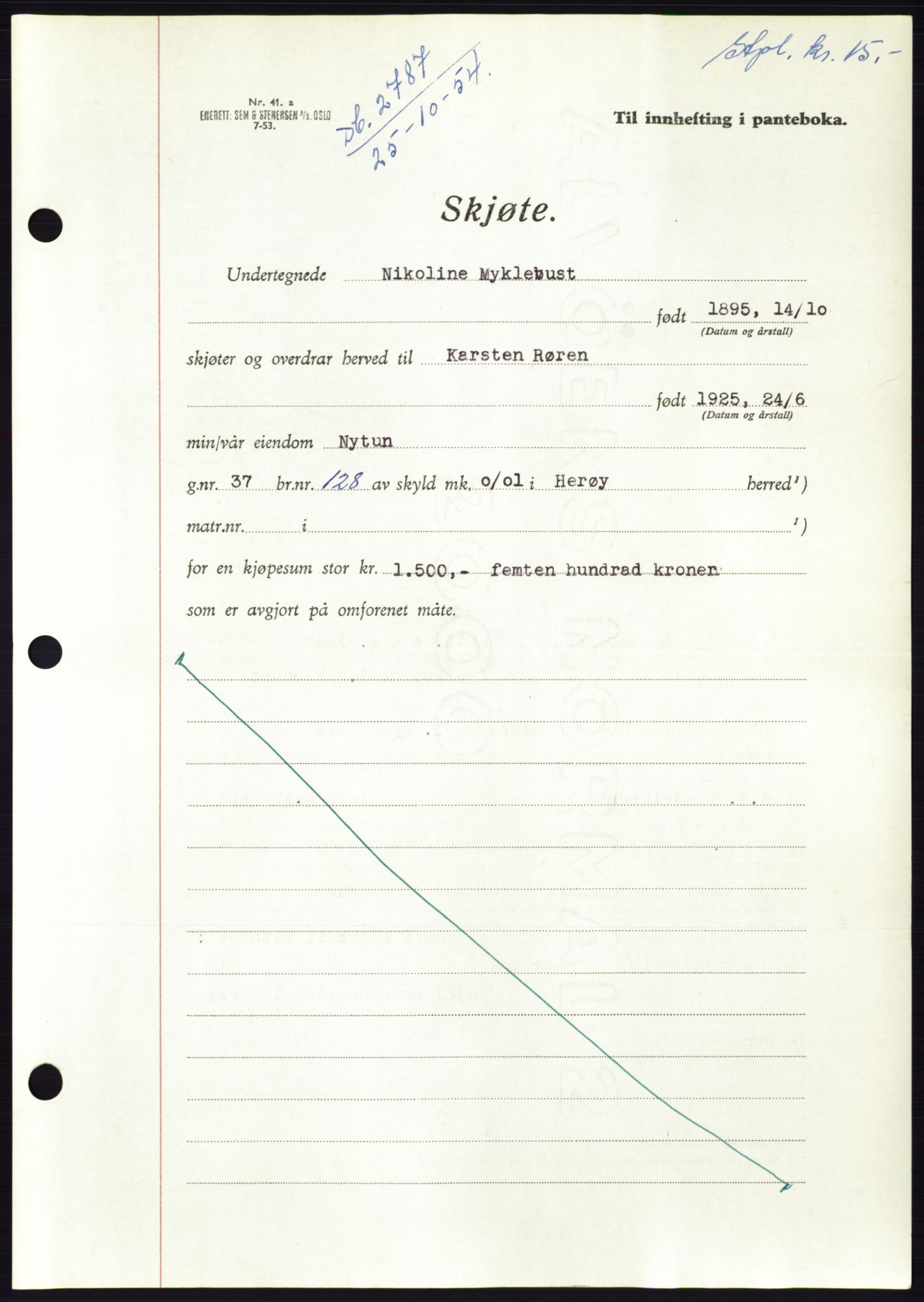 Søre Sunnmøre sorenskriveri, AV/SAT-A-4122/1/2/2C/L0099: Pantebok nr. 25A, 1954-1954, Dagboknr: 2787/1954