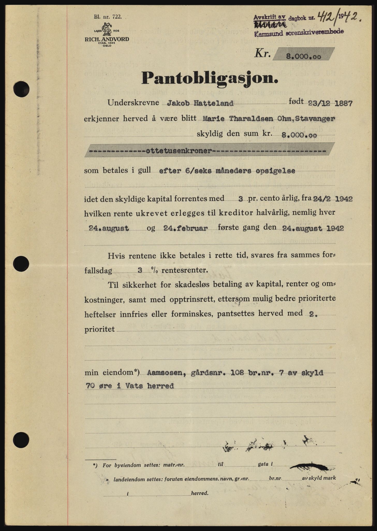 Karmsund sorenskriveri, SAST/A-100311/01/II/IIBBE/L0008: Pantebok nr. B 54, 1942-1943, Dagboknr: 412/1942