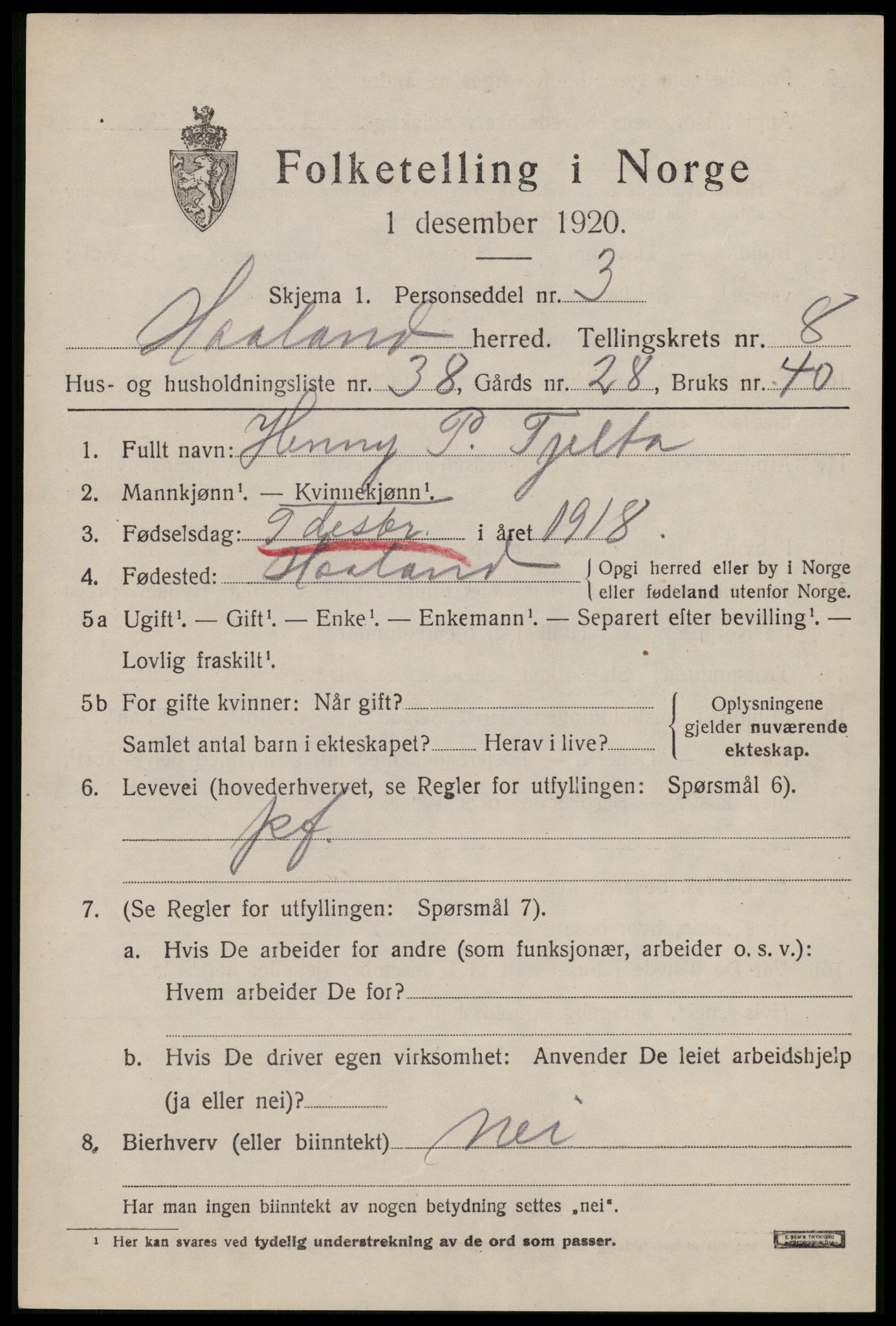 SAST, Folketelling 1920 for 1124 Håland herred, 1920, s. 6787