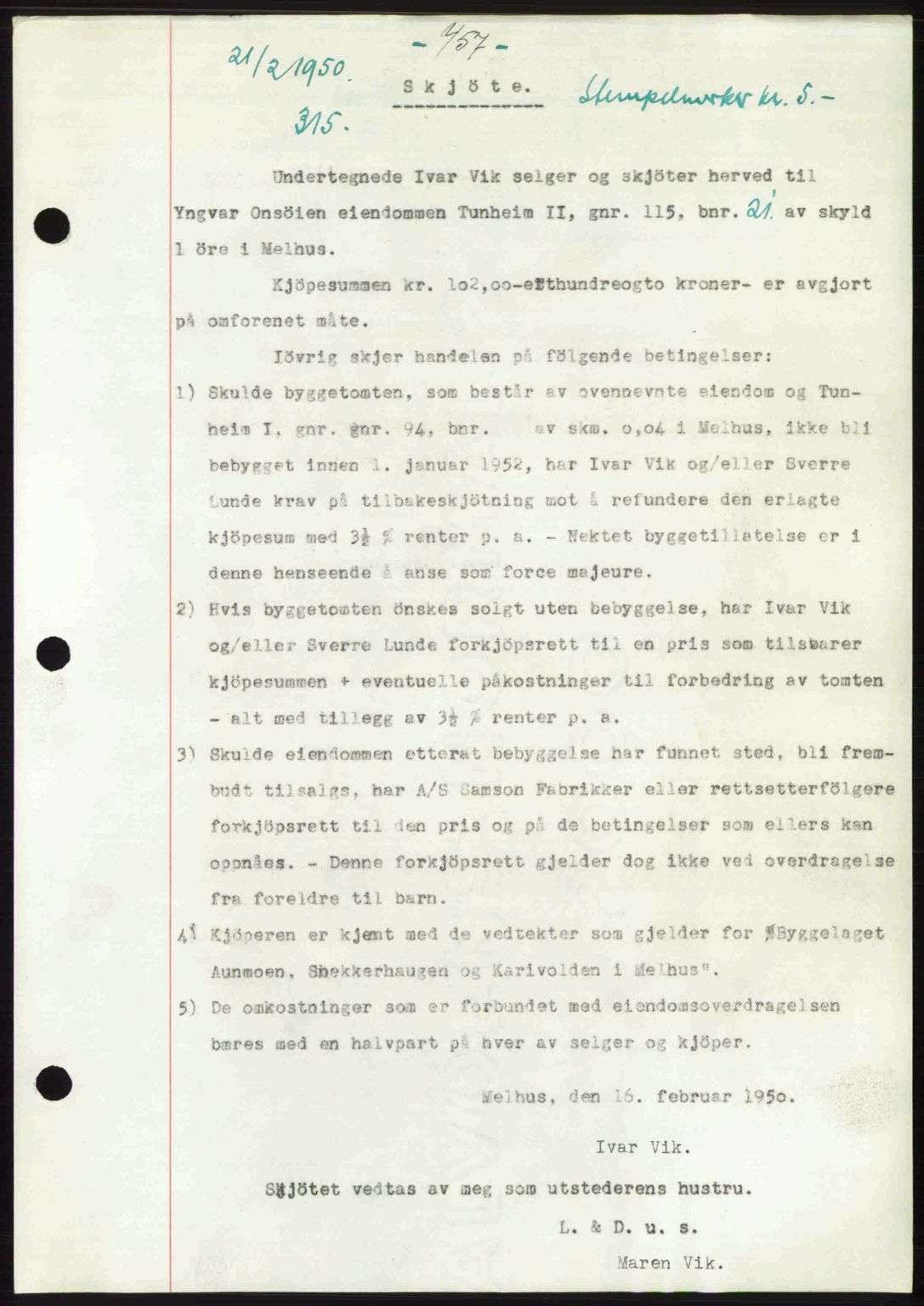 Gauldal sorenskriveri, SAT/A-0014/1/2/2C: Pantebok nr. A9, 1949-1950, Dagboknr: 315/1950