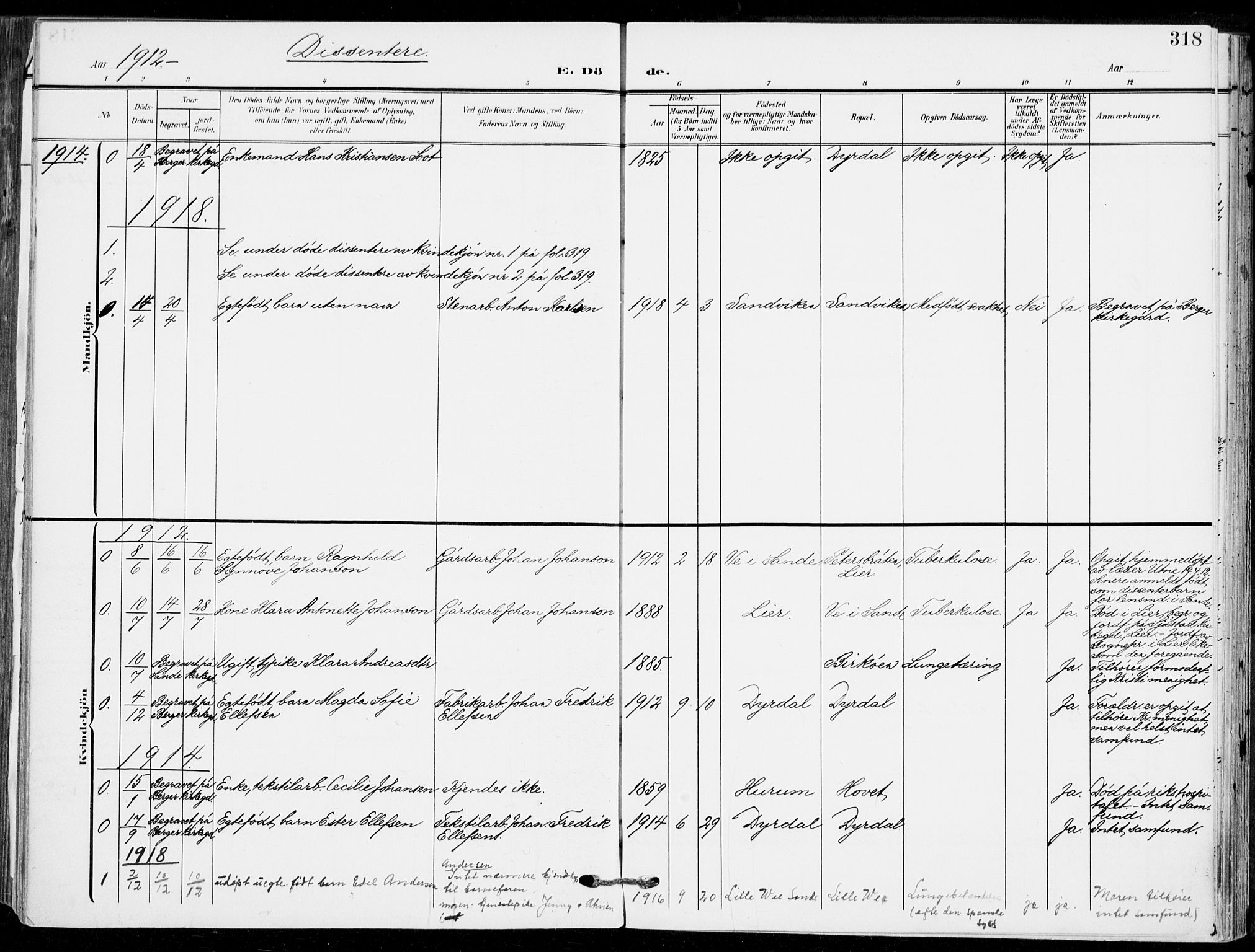 Sande Kirkebøker, AV/SAKO-A-53/F/Fa/L0008: Ministerialbok nr. 8, 1904-1921, s. 318