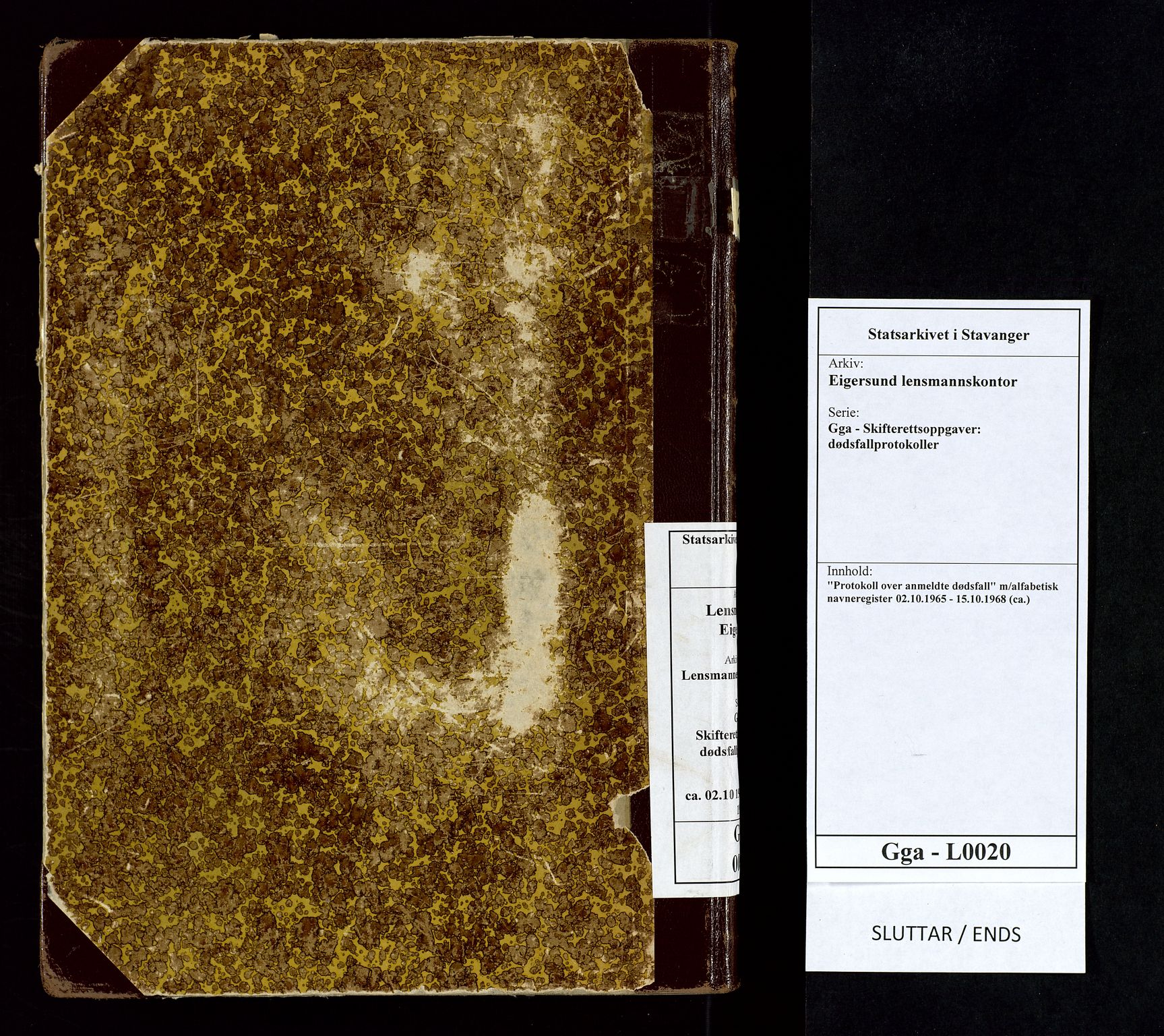 Eigersund lensmannskontor, AV/SAST-A-100171/Gga/L0020: "Protokoll over anmeldte dødsfall" m/alfabetisk navneregister, 1965-1968