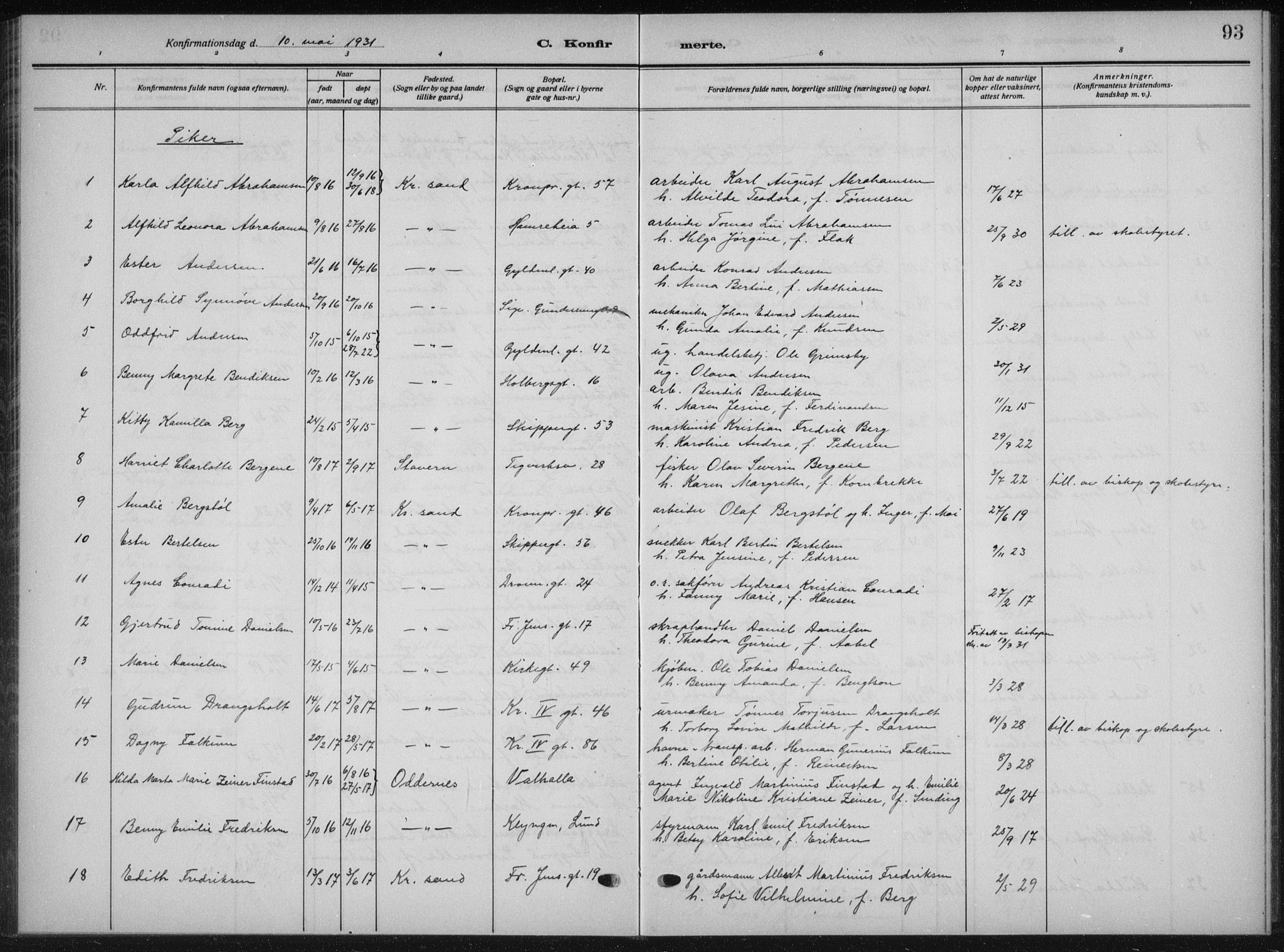 Kristiansand domprosti, AV/SAK-1112-0006/F/Fb/L0025: Klokkerbok nr. B 25, 1924-1934, s. 93