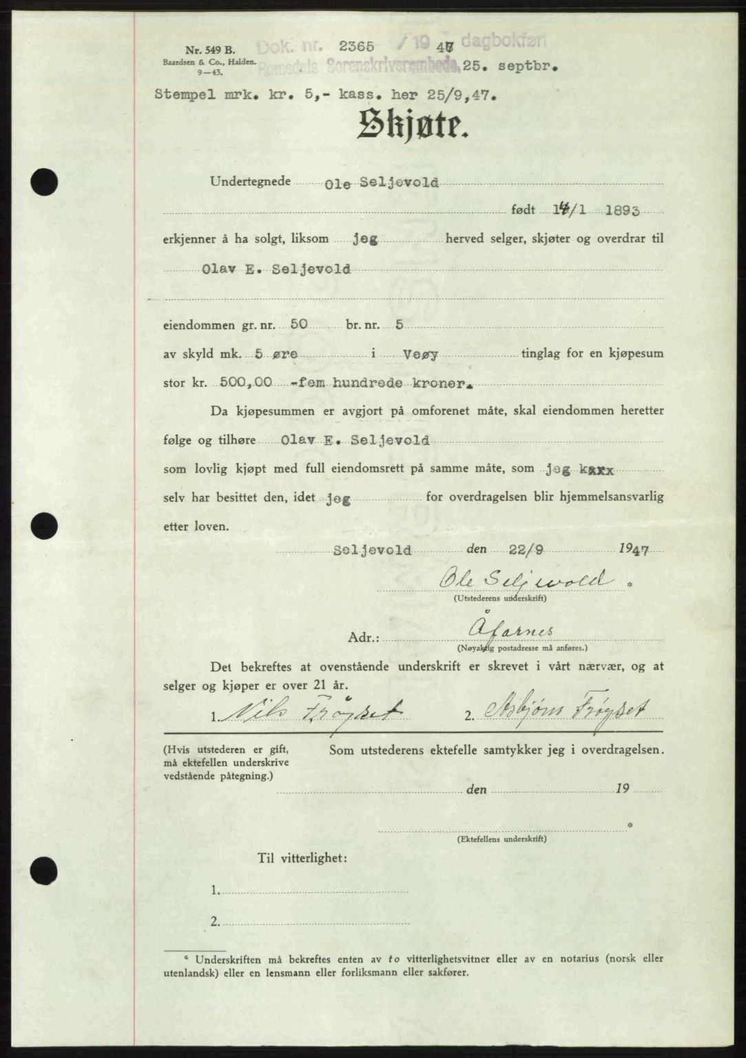 Romsdal sorenskriveri, AV/SAT-A-4149/1/2/2C: Pantebok nr. A24, 1947-1947, Dagboknr: 2365/1947