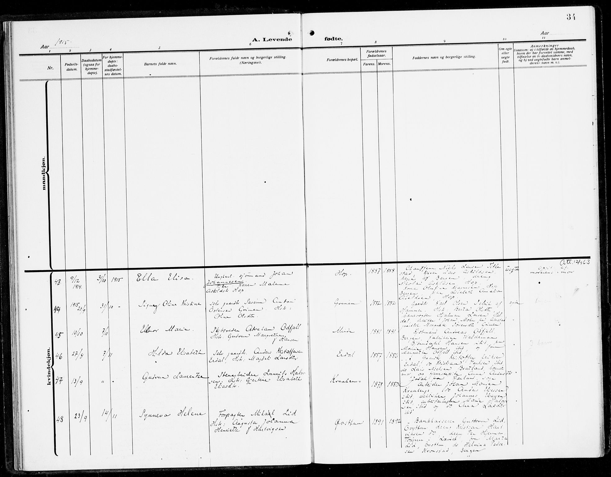 Fana Sokneprestembete, AV/SAB-A-75101/H/Haa/Haai/L0004: Ministerialbok nr. I 4, 1912-1933, s. 34