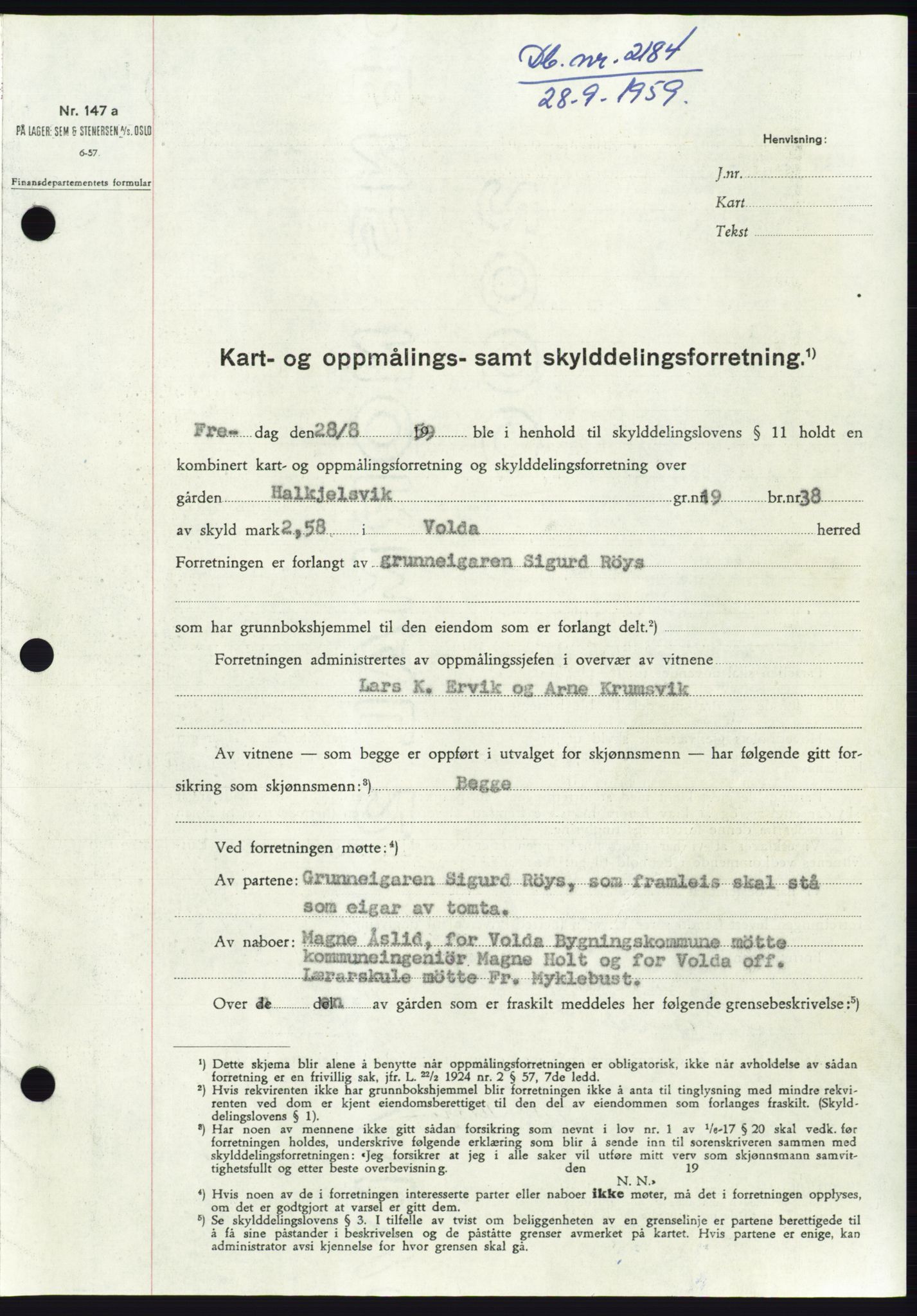 Søre Sunnmøre sorenskriveri, SAT/A-4122/1/2/2C/L0113: Pantebok nr. 39A, 1959-1959, Dagboknr: 2184/1959