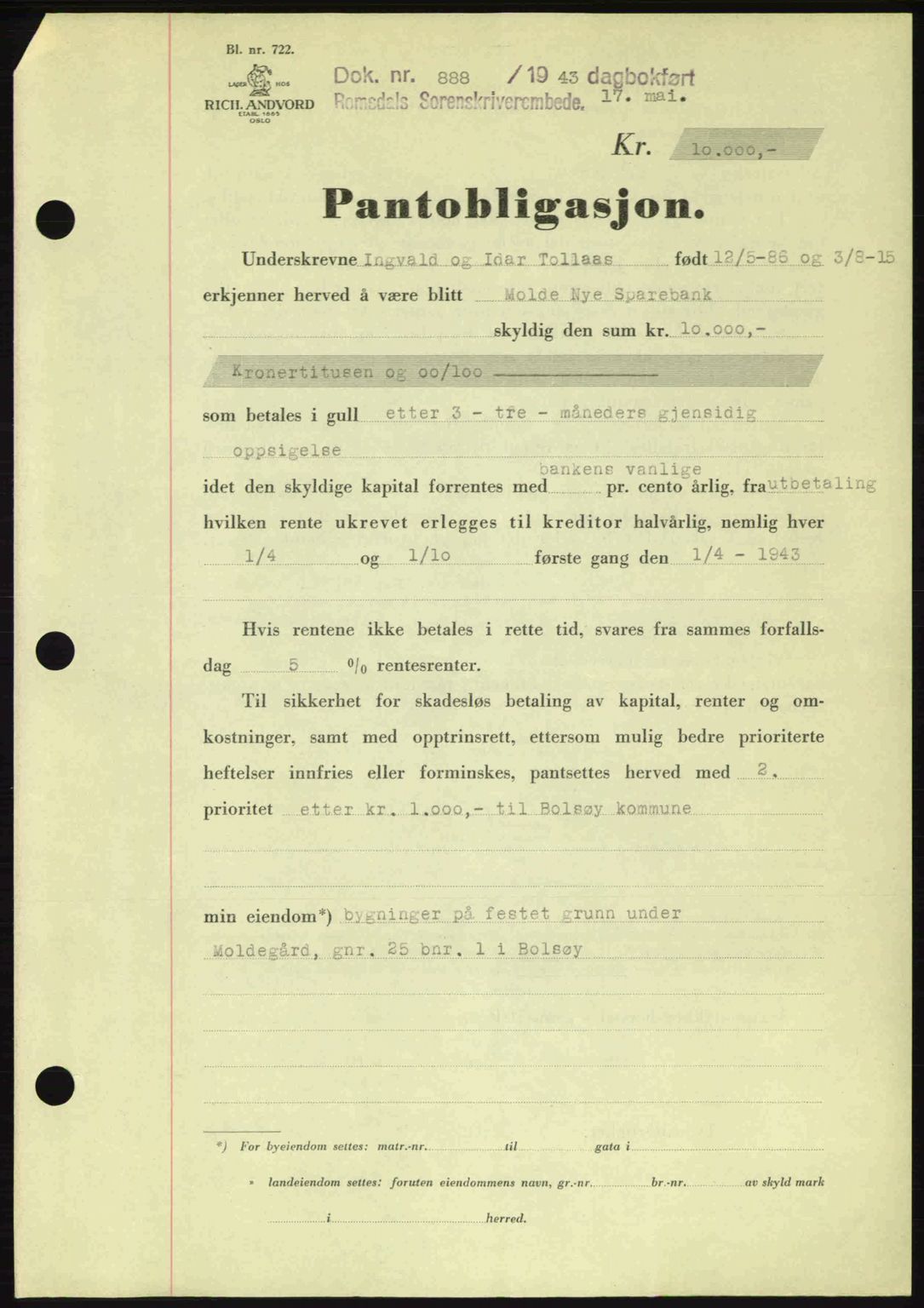 Romsdal sorenskriveri, SAT/A-4149/1/2/2C: Pantebok nr. B2, 1939-1945, Dagboknr: 888/1943