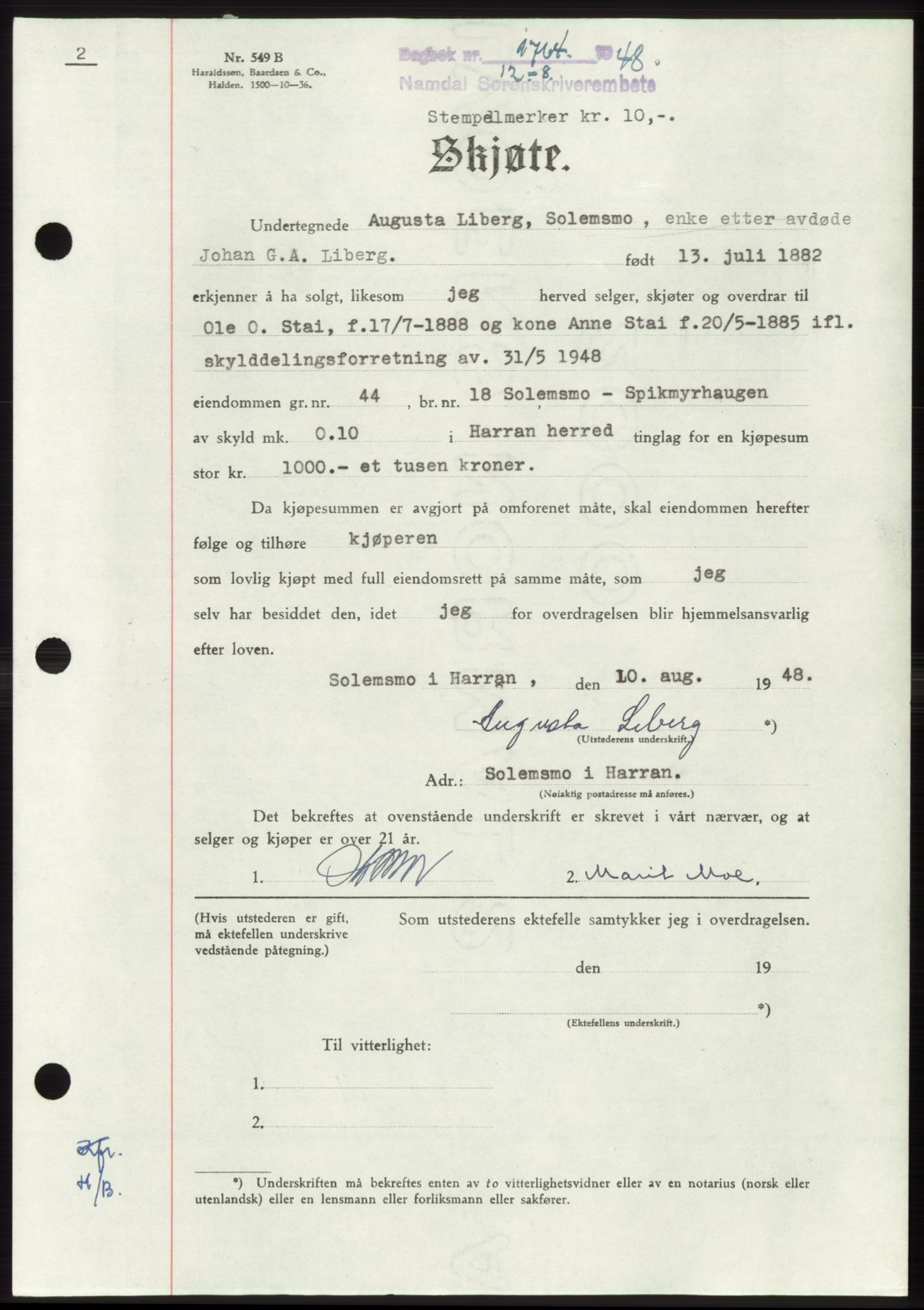 Namdal sorenskriveri, SAT/A-4133/1/2/2C: Pantebok nr. -, 1948-1948, Dagboknr: 1764/1948
