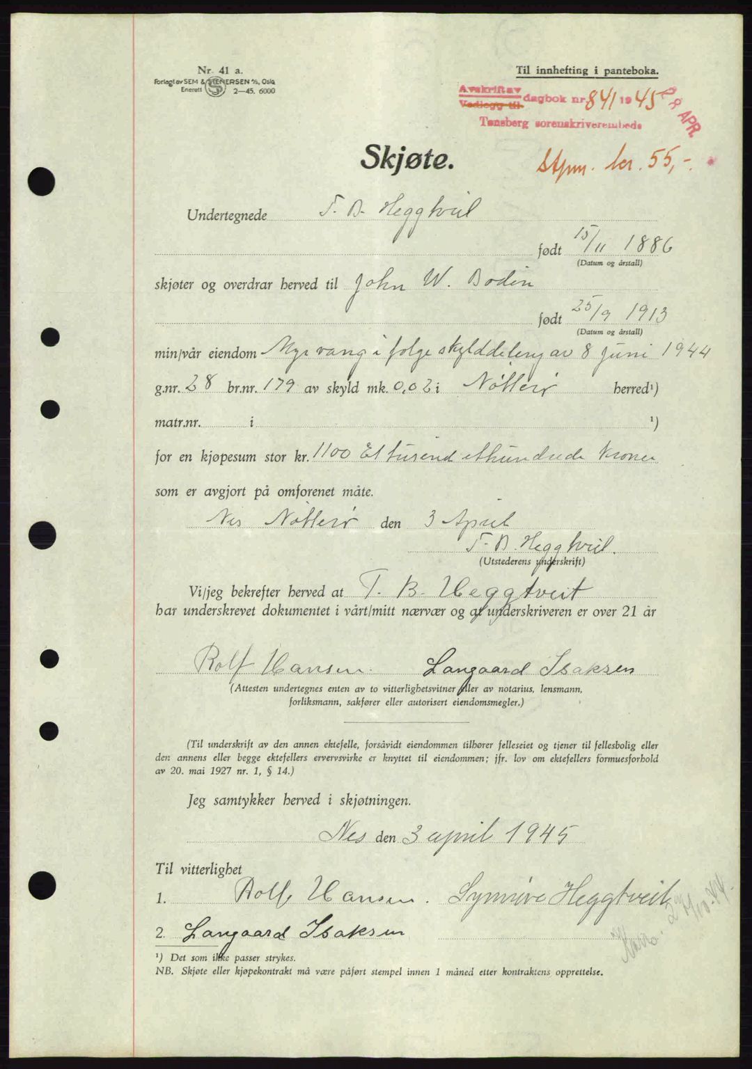 Tønsberg sorenskriveri, AV/SAKO-A-130/G/Ga/Gaa/L0017a: Pantebok nr. A17a, 1945-1945, Dagboknr: 841/1945