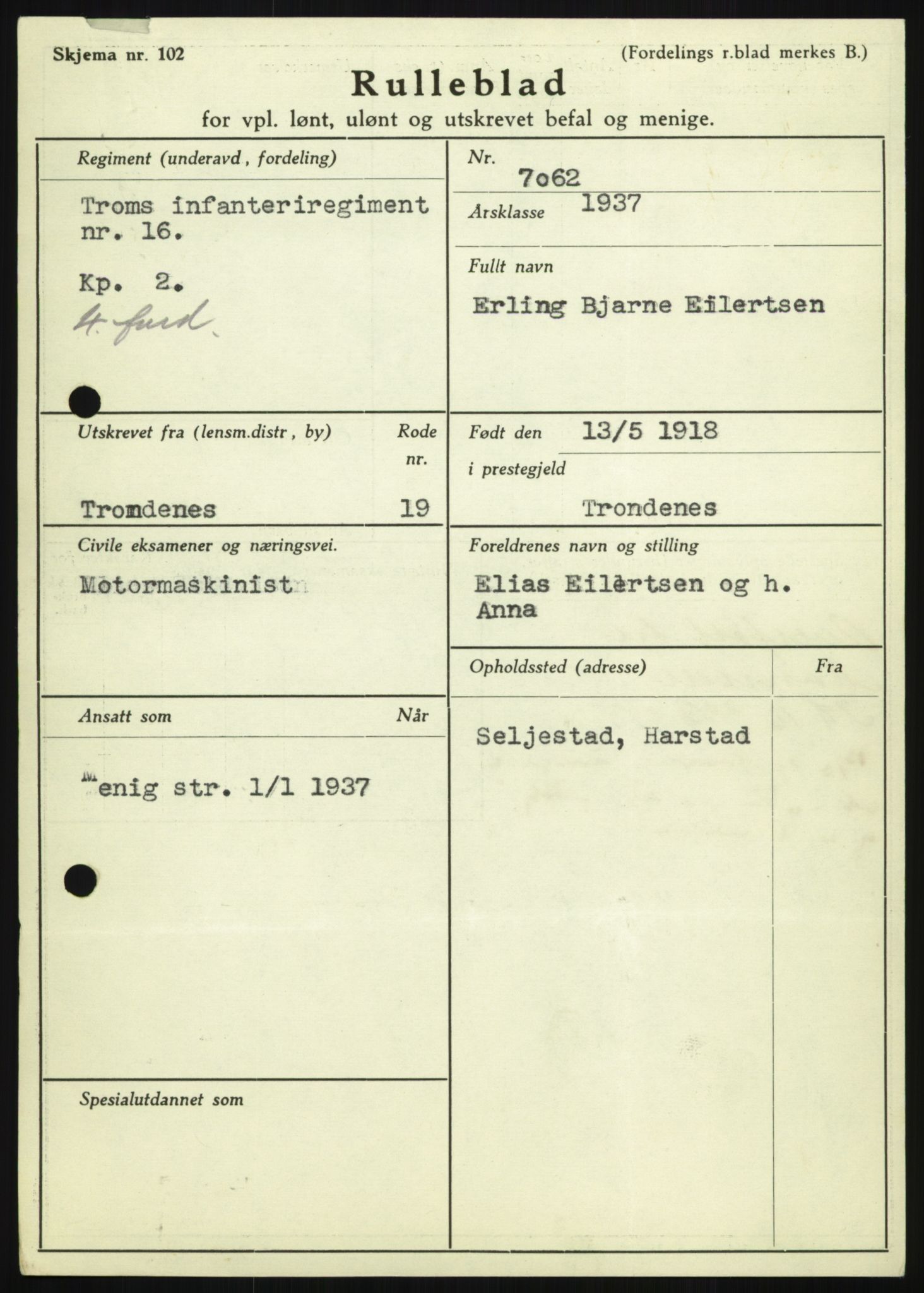 Forsvaret, Troms infanteriregiment nr. 16, AV/RA-RAFA-3146/P/Pa/L0021: Rulleblad for regimentets menige mannskaper, årsklasse 1937, 1937, s. 133