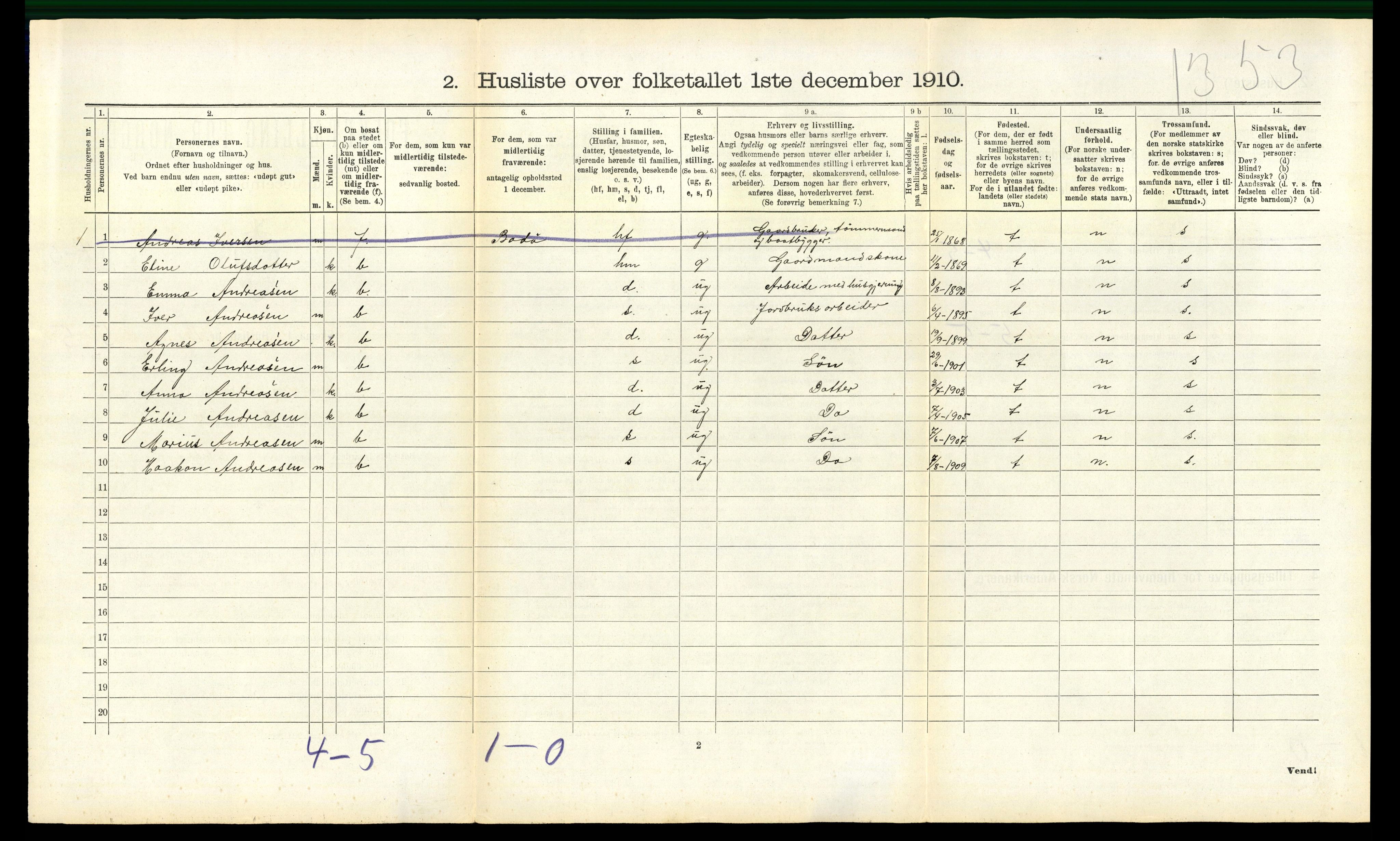 RA, Folketelling 1910 for 1811 Bindal herred, 1910, s. 449