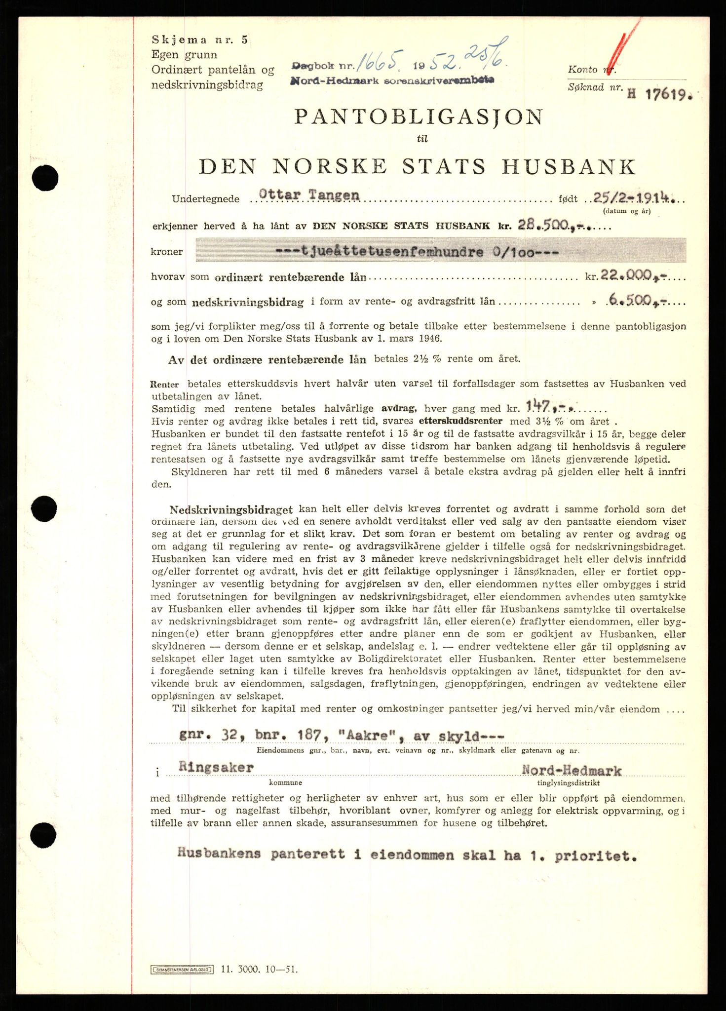 Nord-Hedmark sorenskriveri, SAH/TING-012/H/Hb/Hbf/L0025: Pantebok nr. B25, 1952-1952, Dagboknr: 1665/1952
