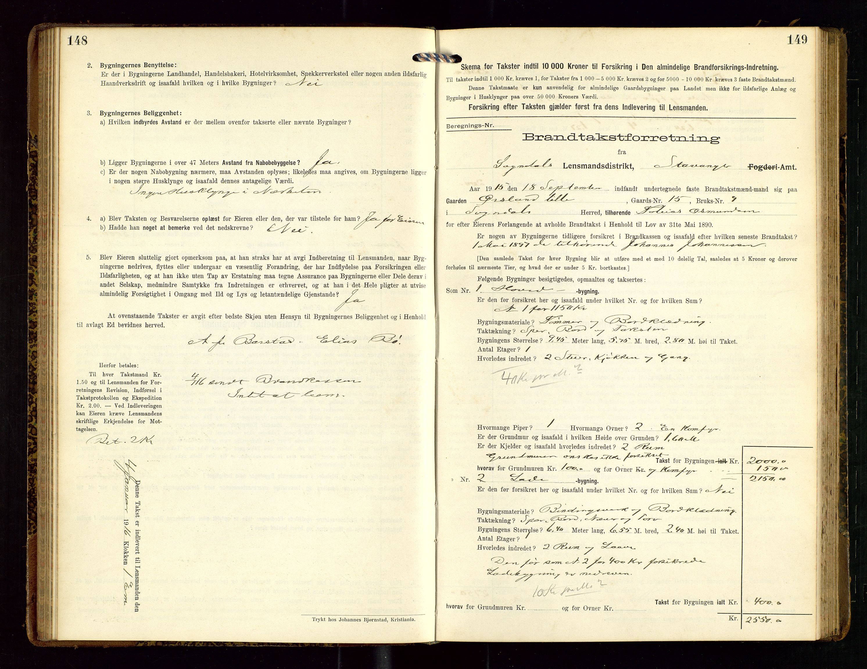 Sokndal lensmannskontor, AV/SAST-A-100417/Gob/L0003: "Brandtakst-Protokol", 1914-1917, s. 148-149