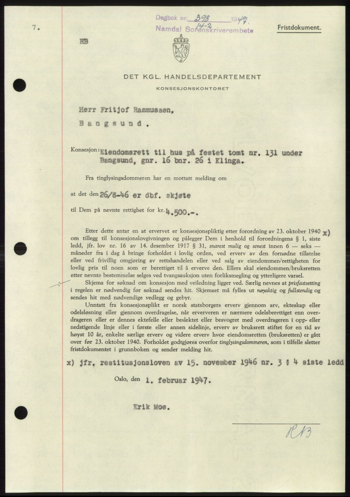 Namdal sorenskriveri, SAT/A-4133/1/2/2C: Pantebok nr. -, 1946-1947, Dagboknr: 398/1947