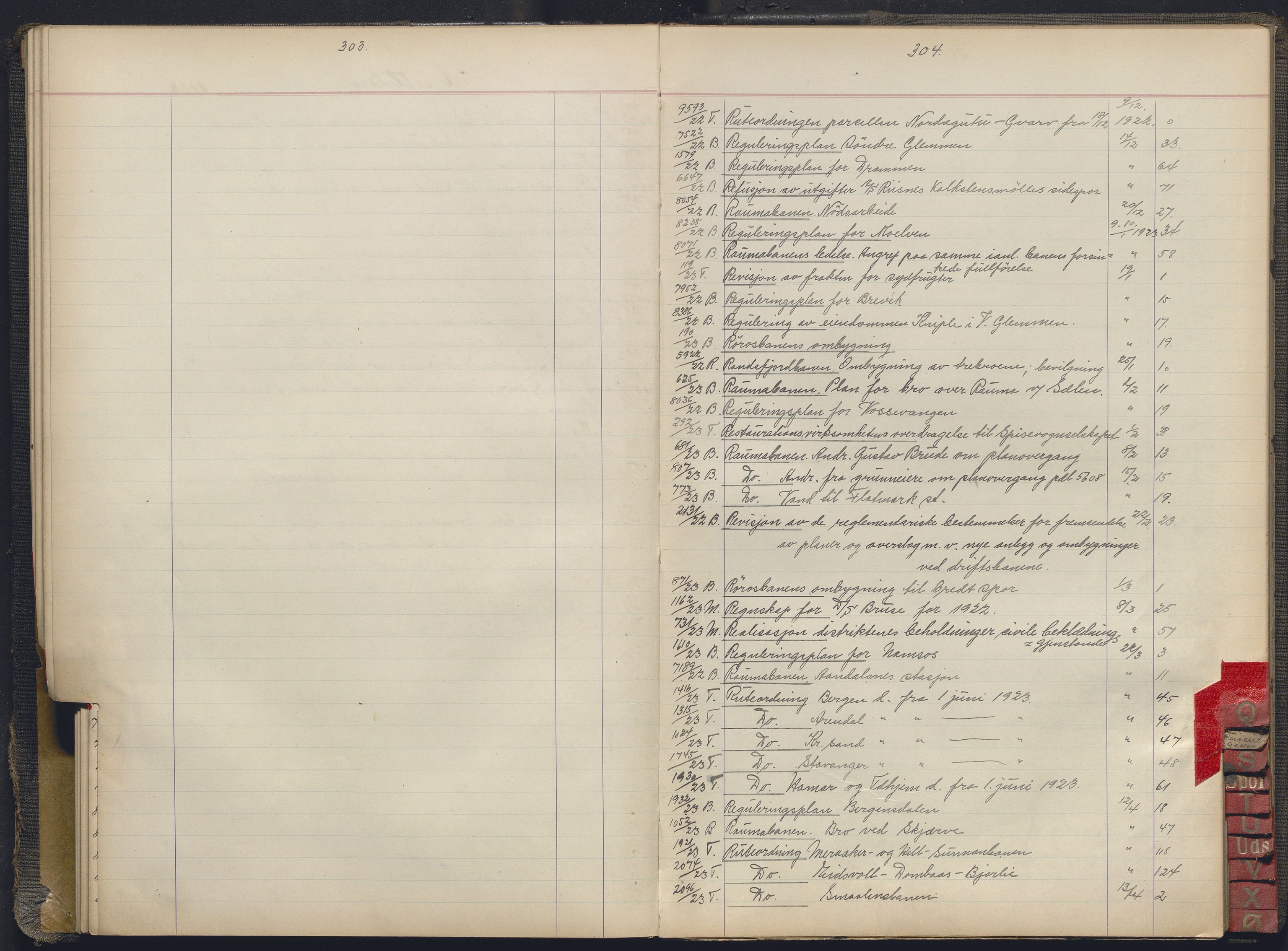 Norges statsbaner, Administrasjons- økonomi- og personalavdelingen, AV/RA-S-3412/A/Aa/L0037: Register til forhandlingsprotokoll, 1922-1928, s. 303-304