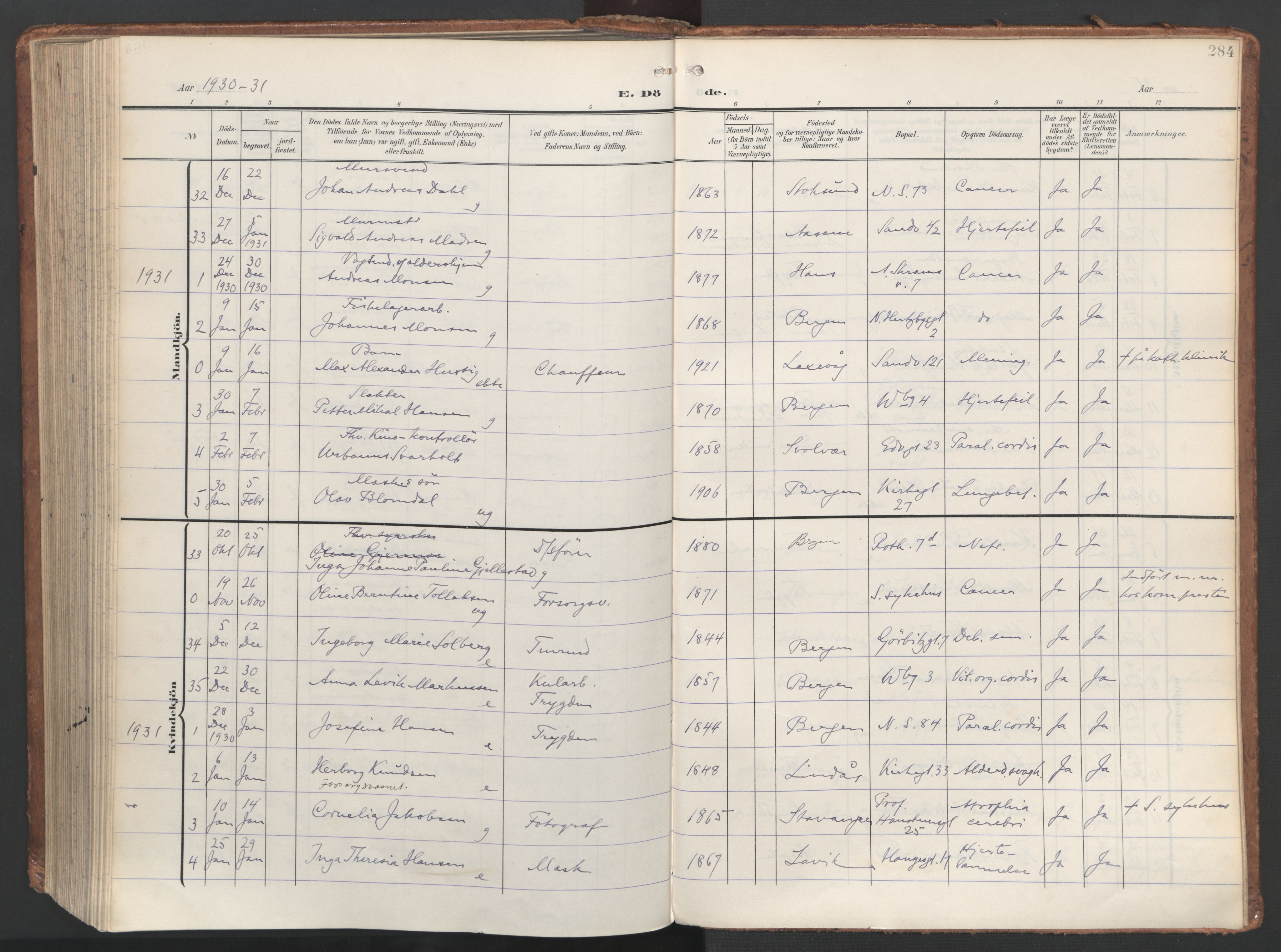 Sandviken Sokneprestembete, AV/SAB-A-77601/H/Ha/L0019: Ministerialbok nr. E 2, 1905-1933, s. 284