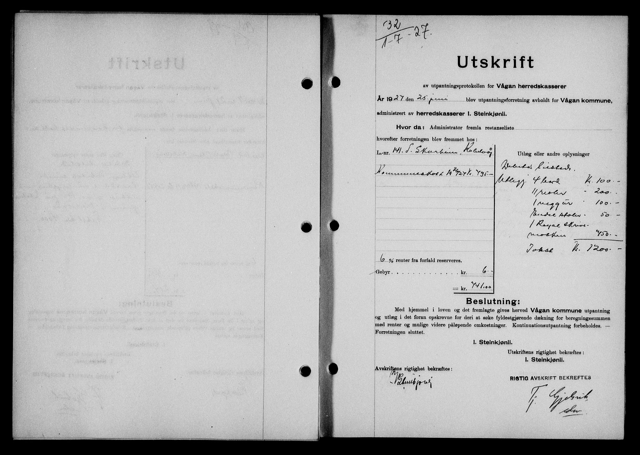 Lofoten sorenskriveri, AV/SAT-A-0017/1/2/2C/L0015b: Pantebok nr. 15b, 1927-1927, Tingl.dato: 01.07.1927