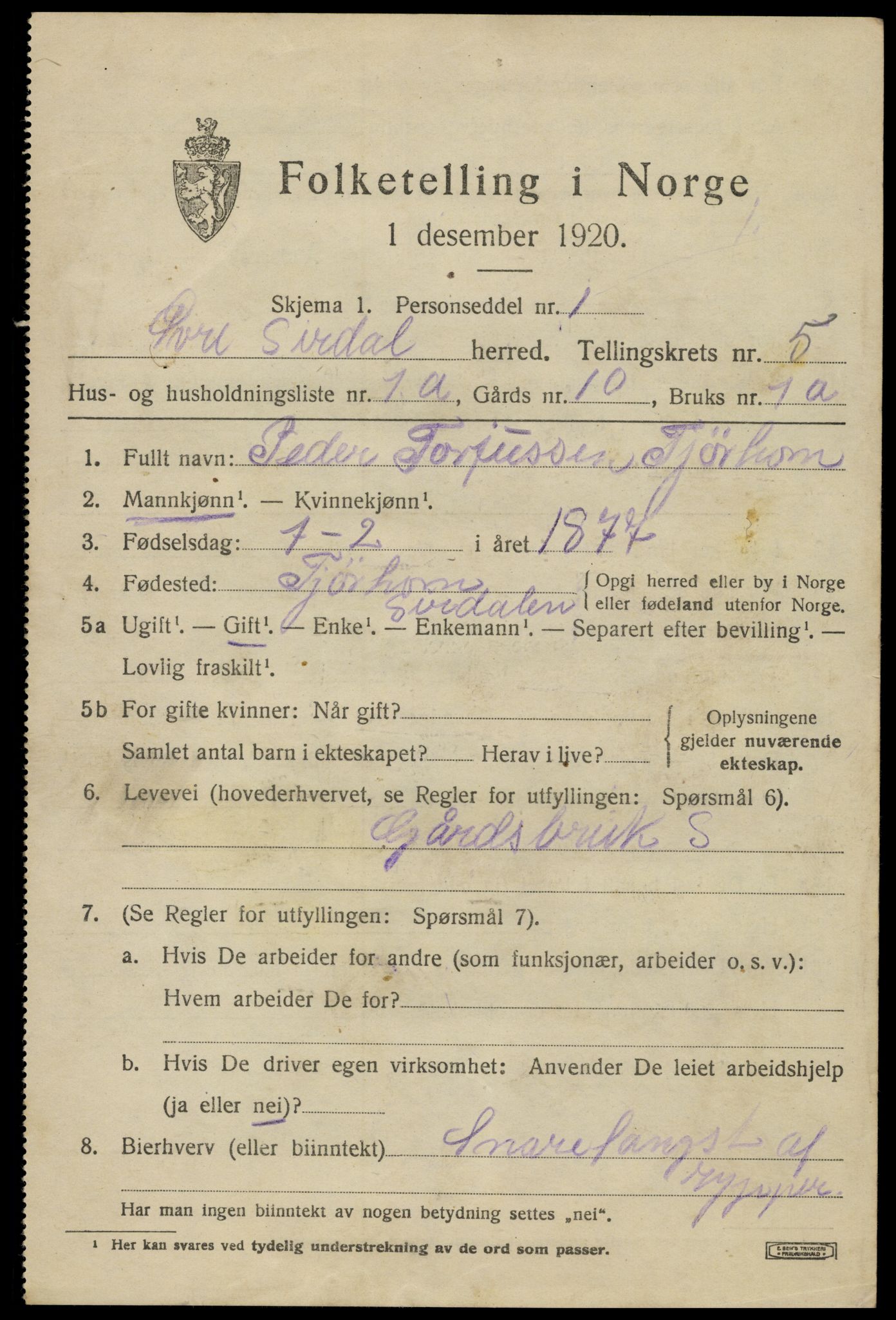 SAK, Folketelling 1920 for 1047 Øvre Sirdal herred, 1920, s. 895