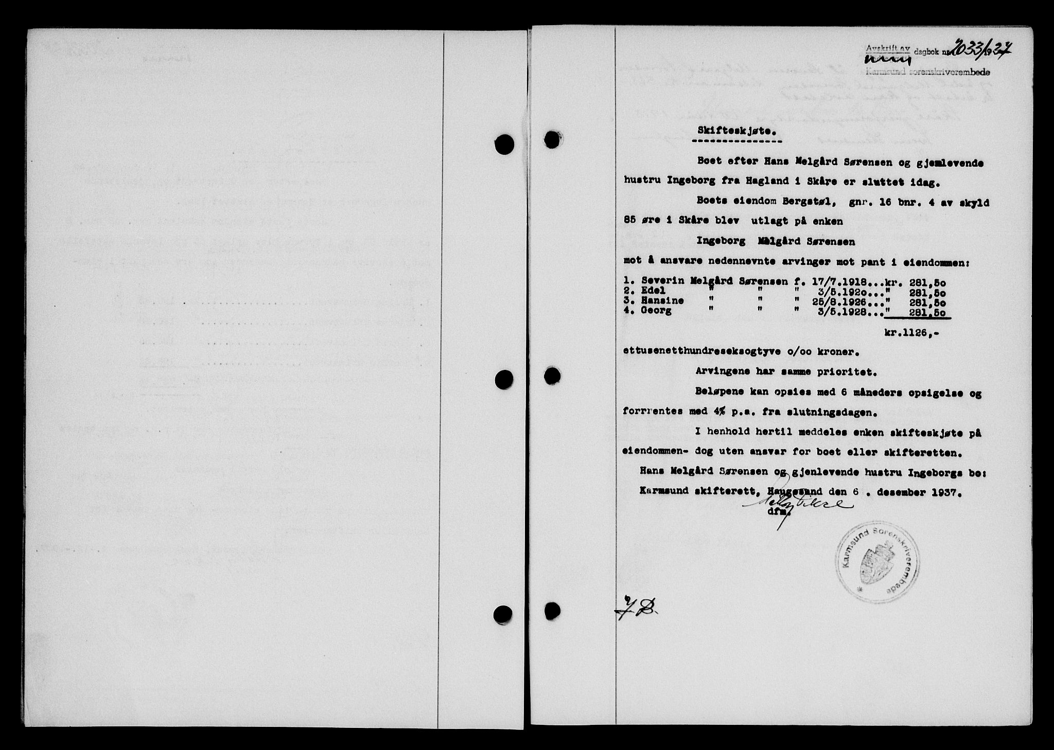 Karmsund sorenskriveri, SAST/A-100311/01/II/IIB/L0068: Pantebok nr. 49A, 1937-1937, Dagboknr: 2033/1937