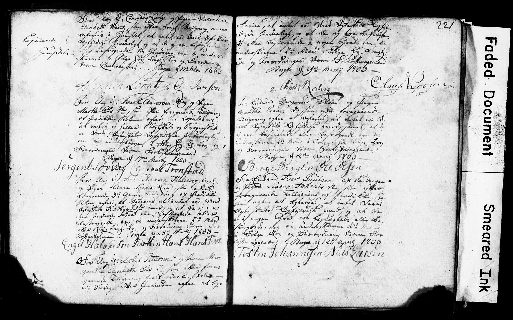 Korskirken sokneprestembete, SAB/A-76101: Forlovererklæringer nr. II.5.1, 1776-1816, s. 221