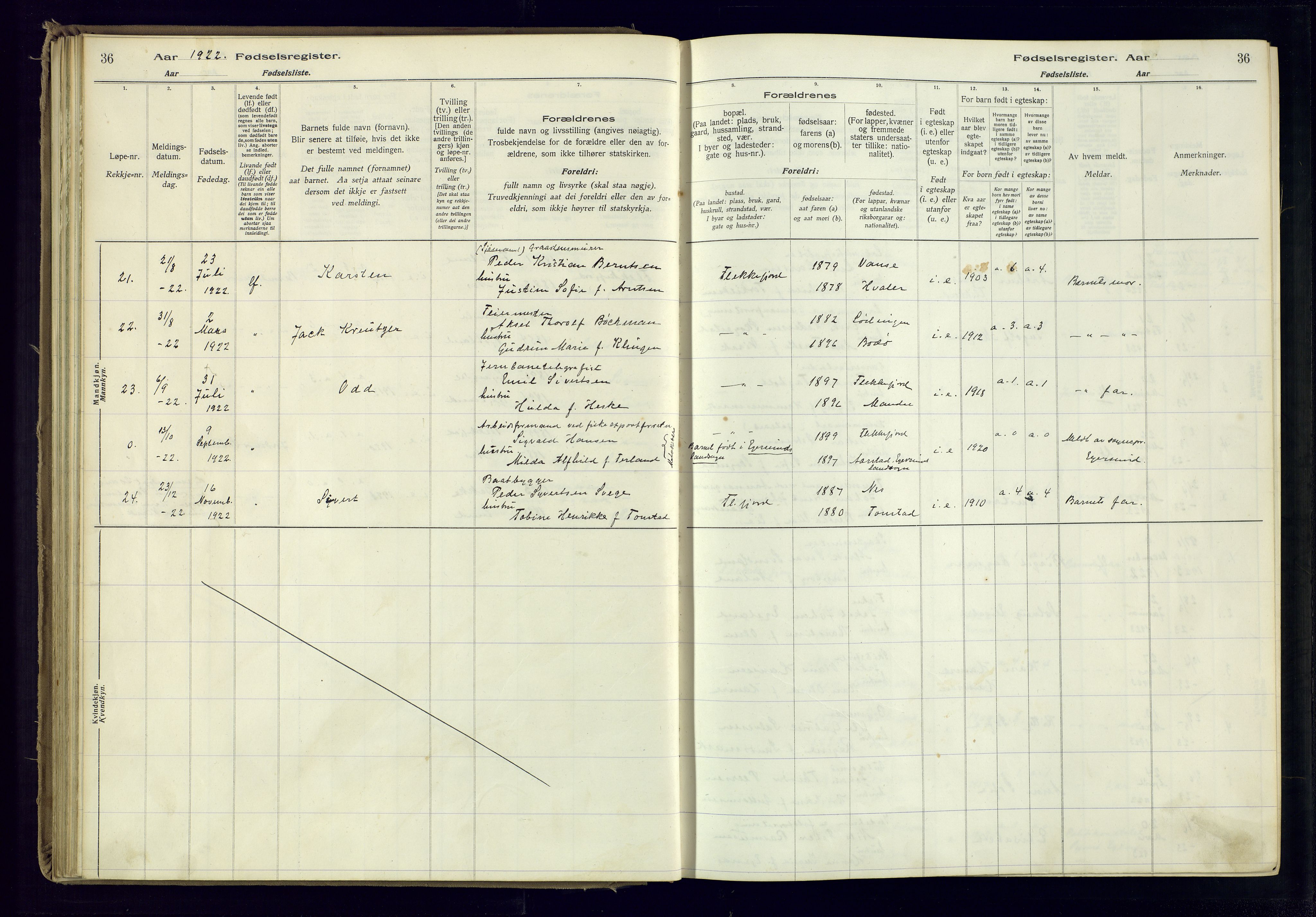 Flekkefjord sokneprestkontor, AV/SAK-1111-0012/J/Ja/L0001: Fødselsregister nr. 1, 1916-1948, s. 36
