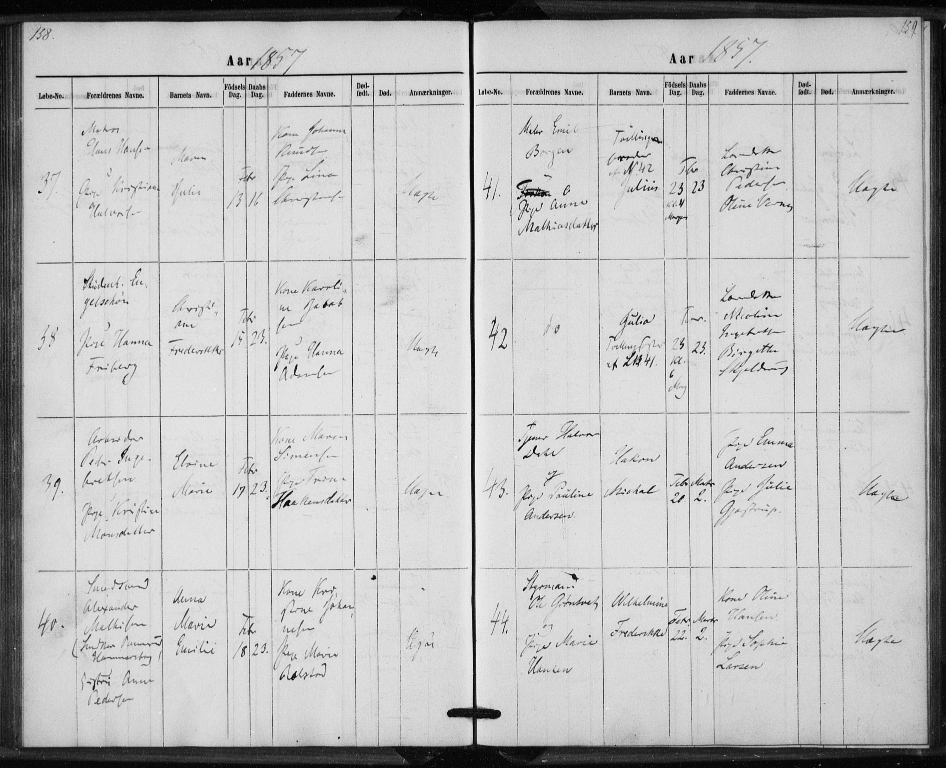 Rikshospitalet prestekontor Kirkebøker, AV/SAO-A-10309b/K/L0002/0001: Dåpsbok nr. 2.1, 1854-1860, s. 158-159