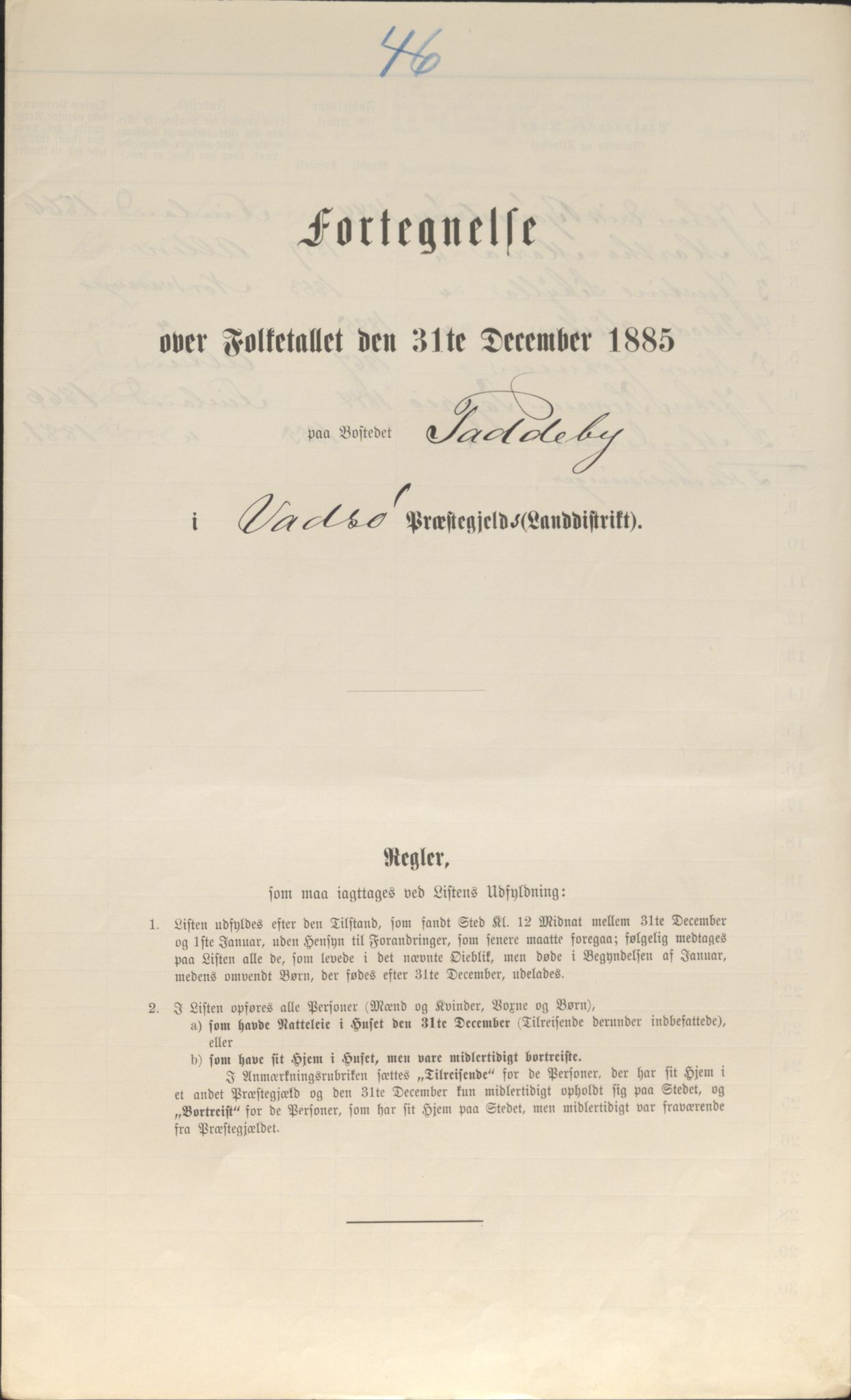 SATØ, Folketelling 1885 for 2029 Vadsø landsogn, 1885, s. 46a