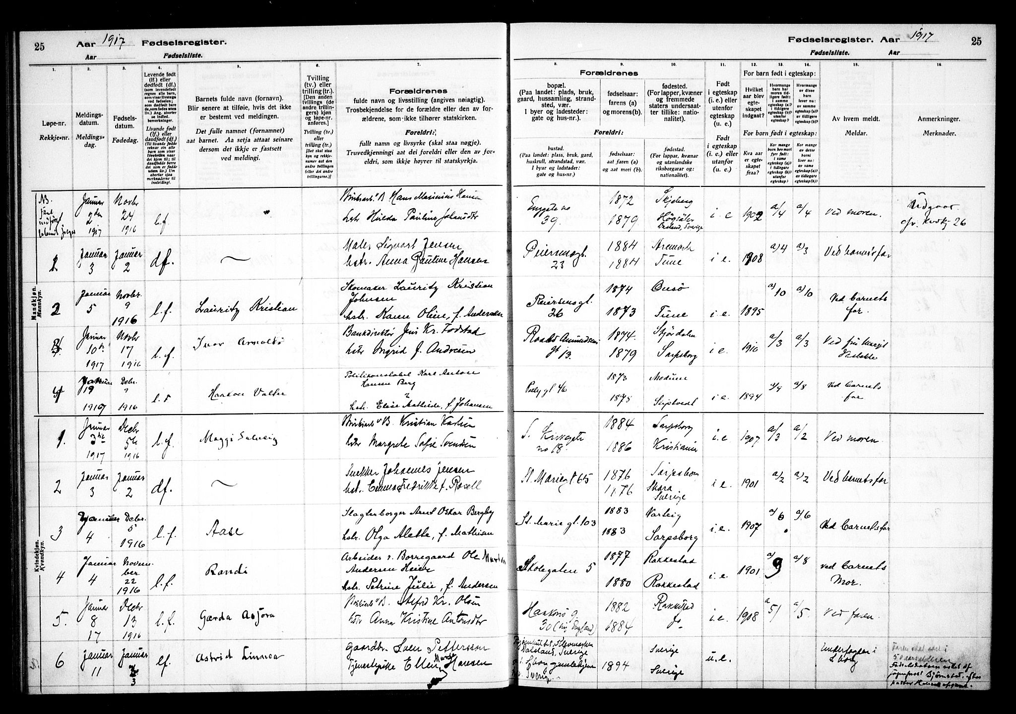 Sarpsborg prestekontor Kirkebøker, AV/SAO-A-2006/J/Ja/L0001: Fødselsregister nr. 1, 1916-1922, s. 25