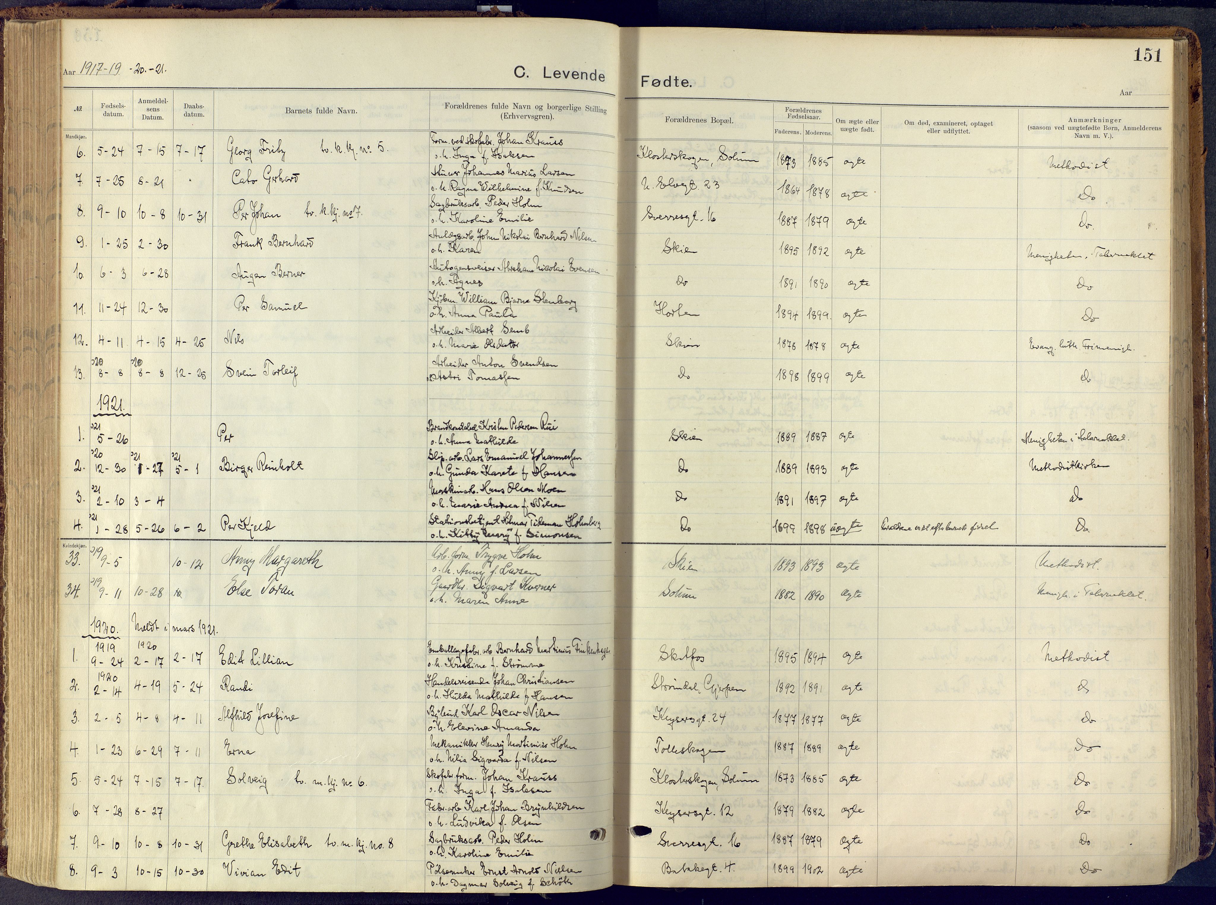 Skien kirkebøker, AV/SAKO-A-302/F/Fa/L0013: Ministerialbok nr. 13, 1915-1921, s. 151