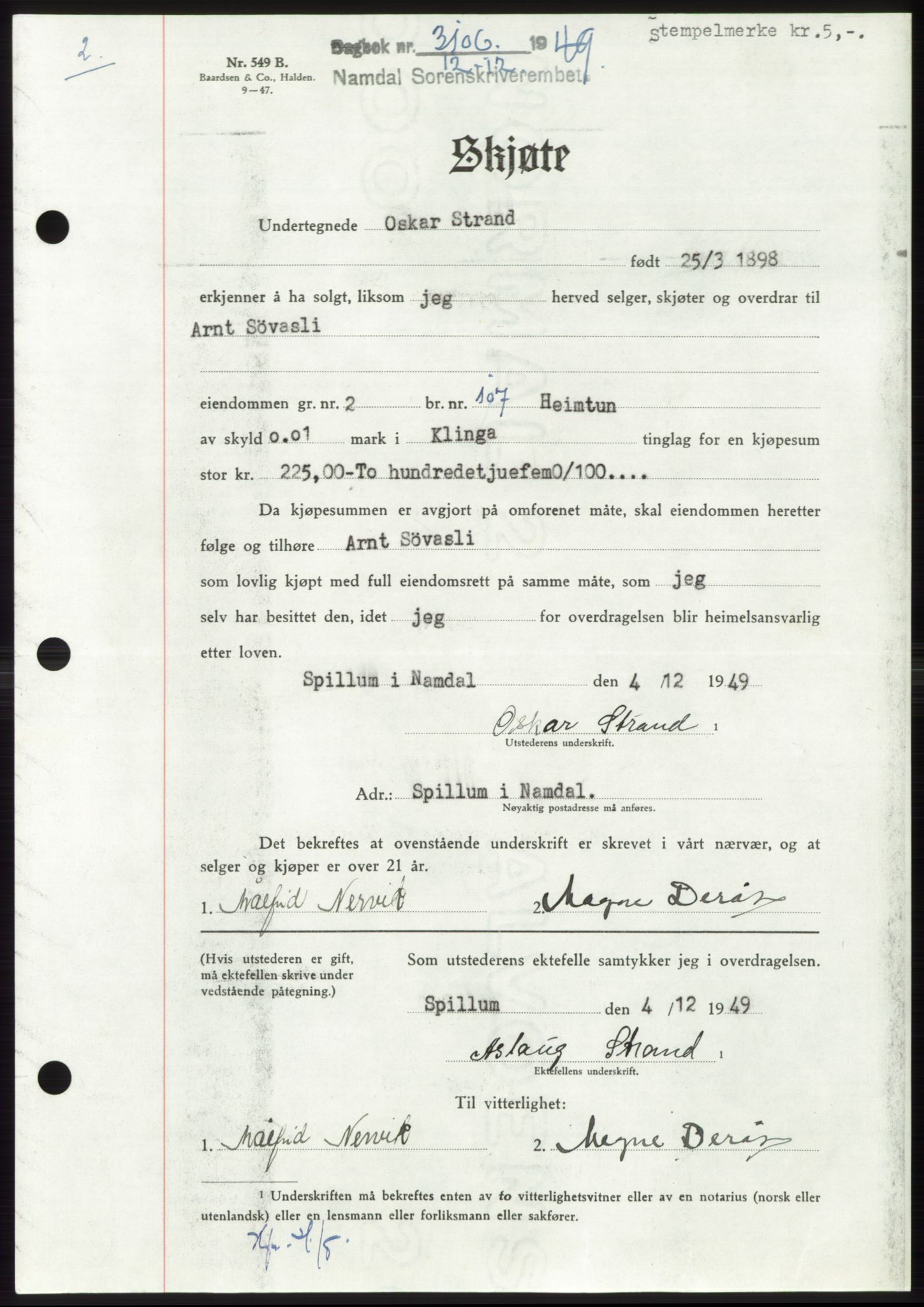 Namdal sorenskriveri, SAT/A-4133/1/2/2C: Pantebok nr. -, 1949-1949, Dagboknr: 3106/1949