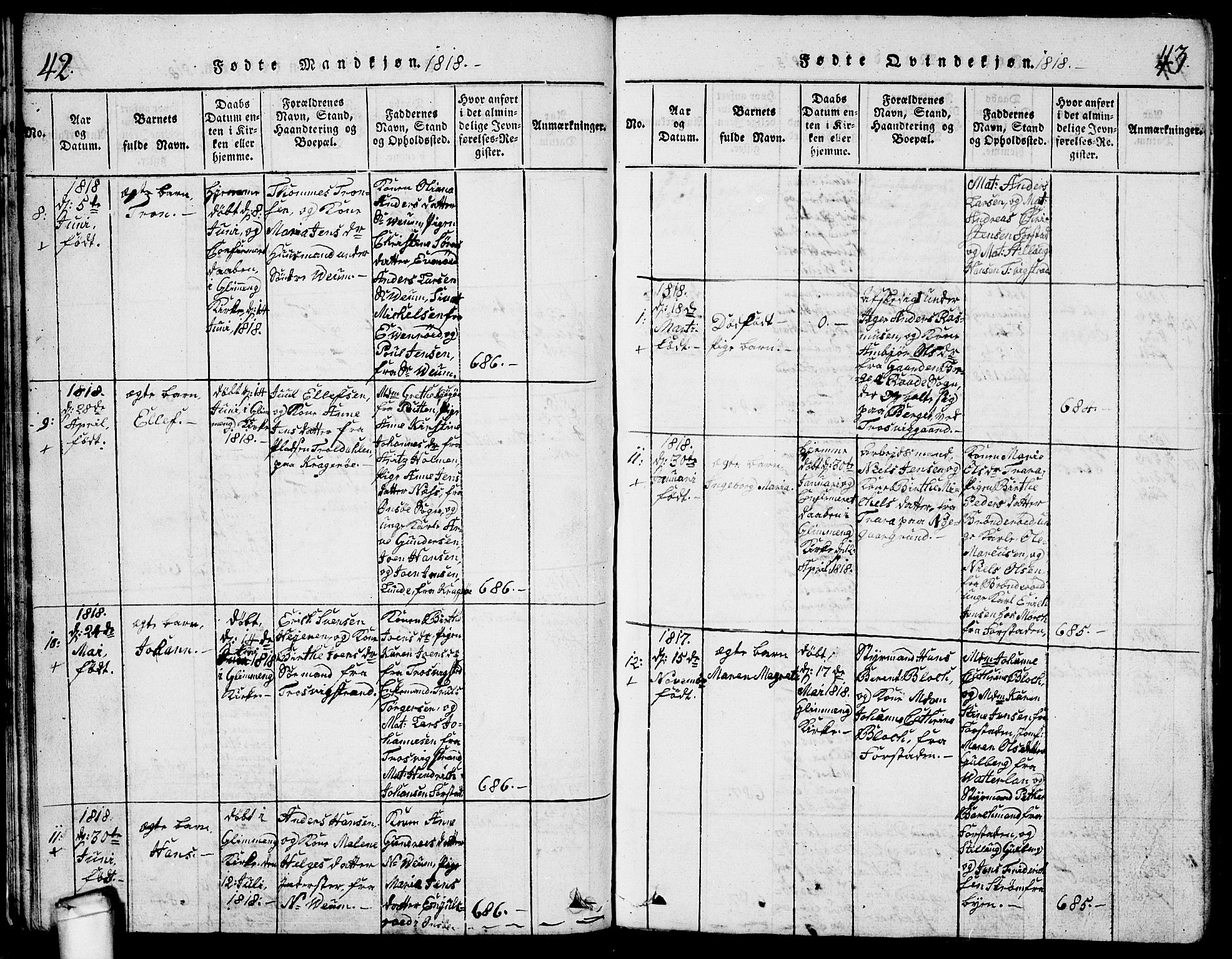 Glemmen prestekontor Kirkebøker, AV/SAO-A-10908/G/Ga/L0001: Klokkerbok nr. 1, 1816-1838, s. 42-43