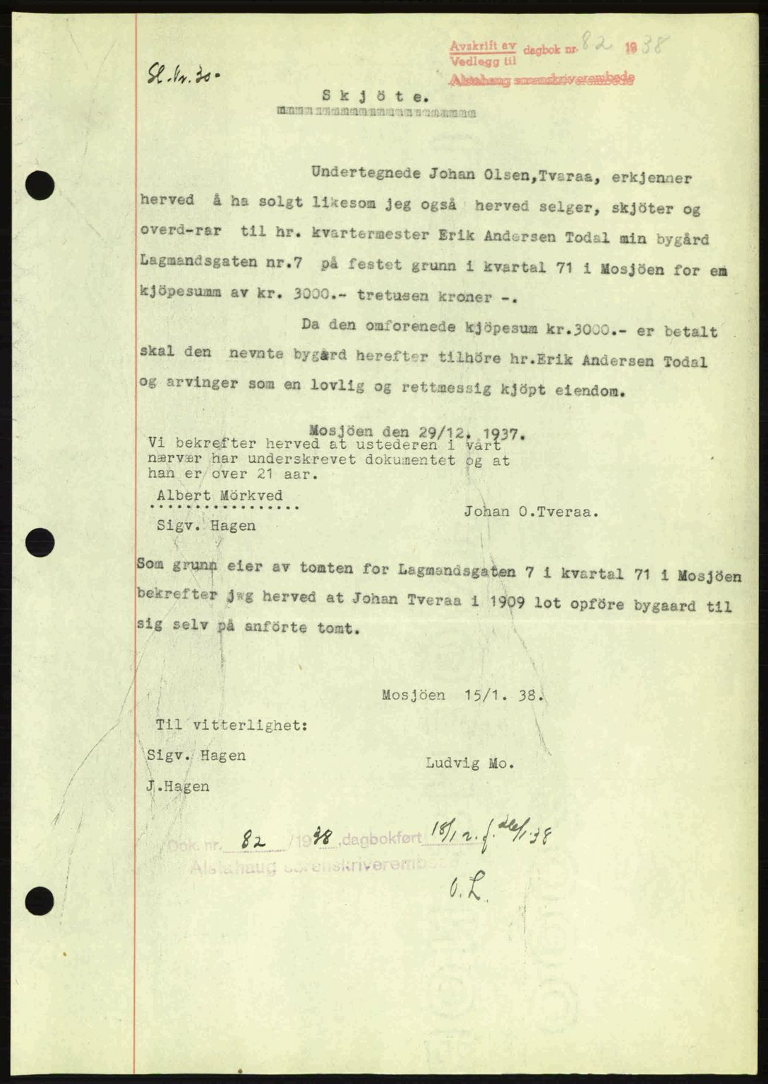 Alstahaug sorenskriveri, SAT/A-1009: Pantebok nr. A3, 1937-1938, Dagboknr: 82/1938