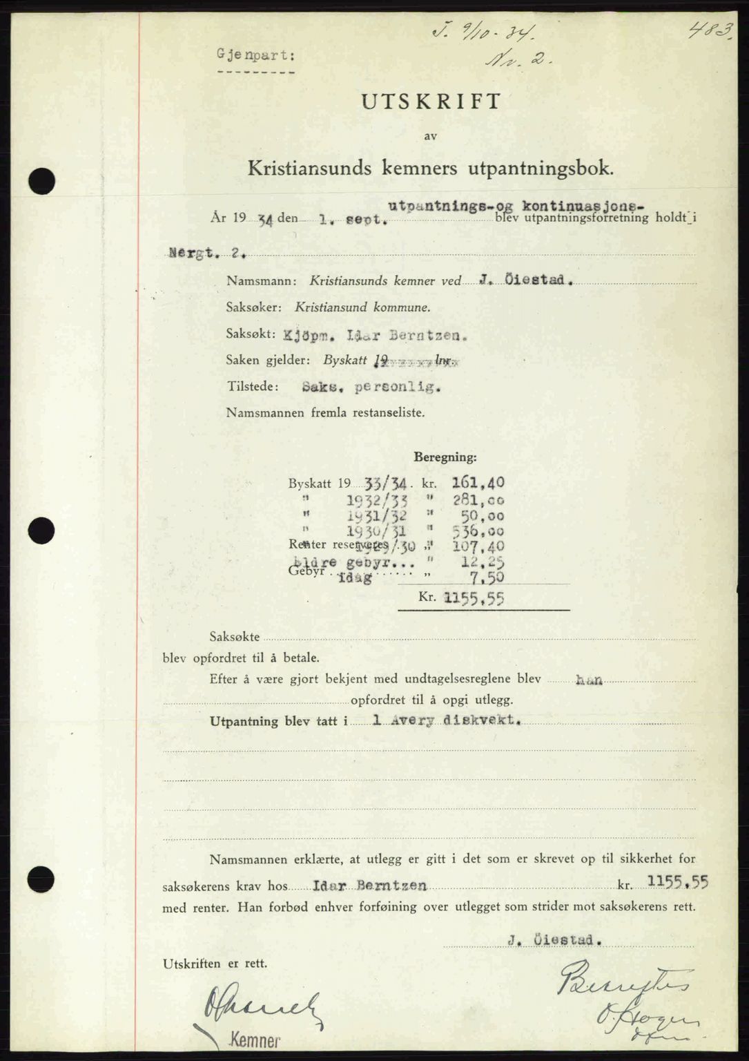 Kristiansund byfogd, SAT/A-4587/A/27: Pantebok nr. 27, 1933-1934, Tingl.dato: 09.10.1934