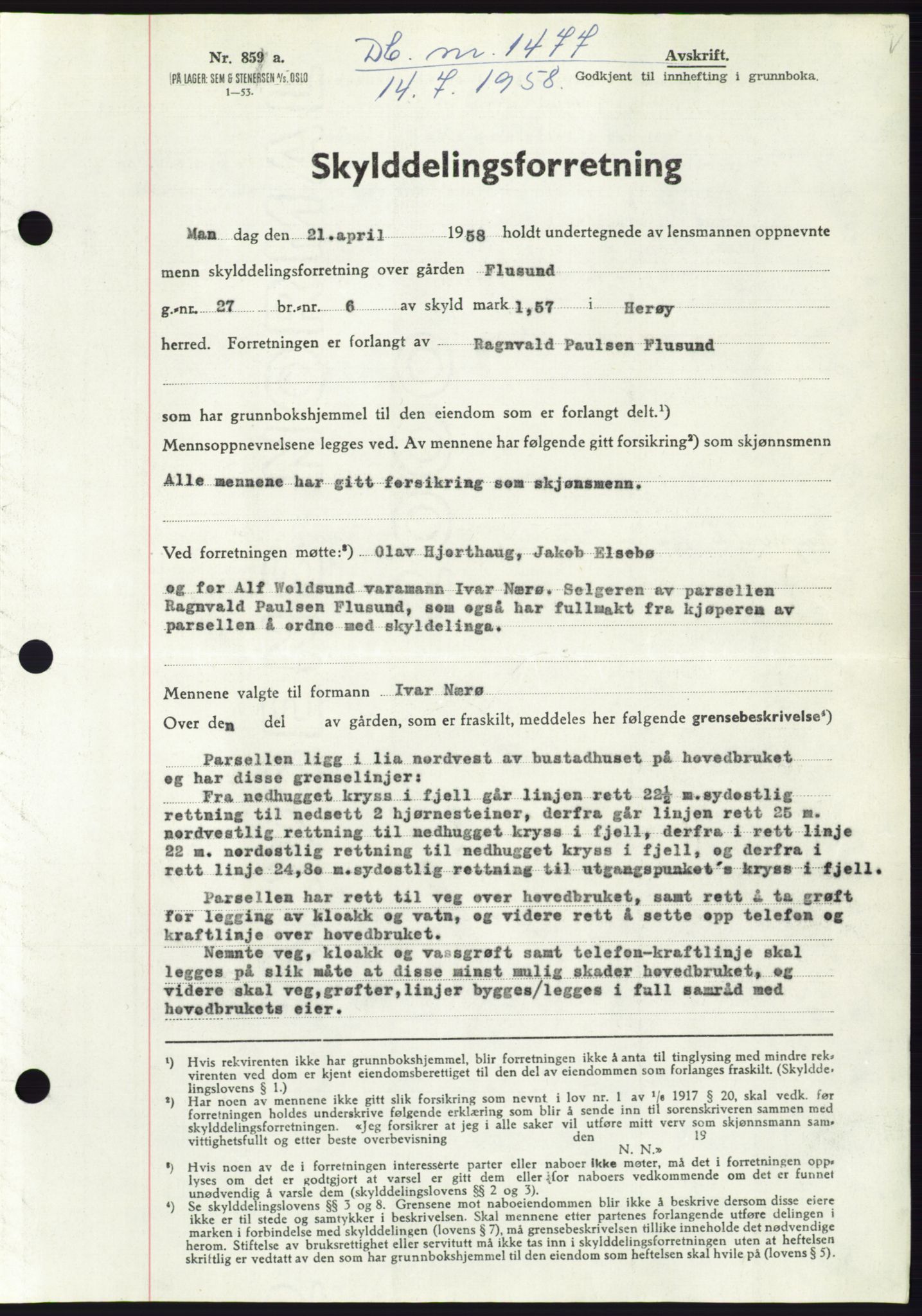 Søre Sunnmøre sorenskriveri, AV/SAT-A-4122/1/2/2C/L0110: Pantebok nr. 36A, 1958-1958, Dagboknr: 1477/1958