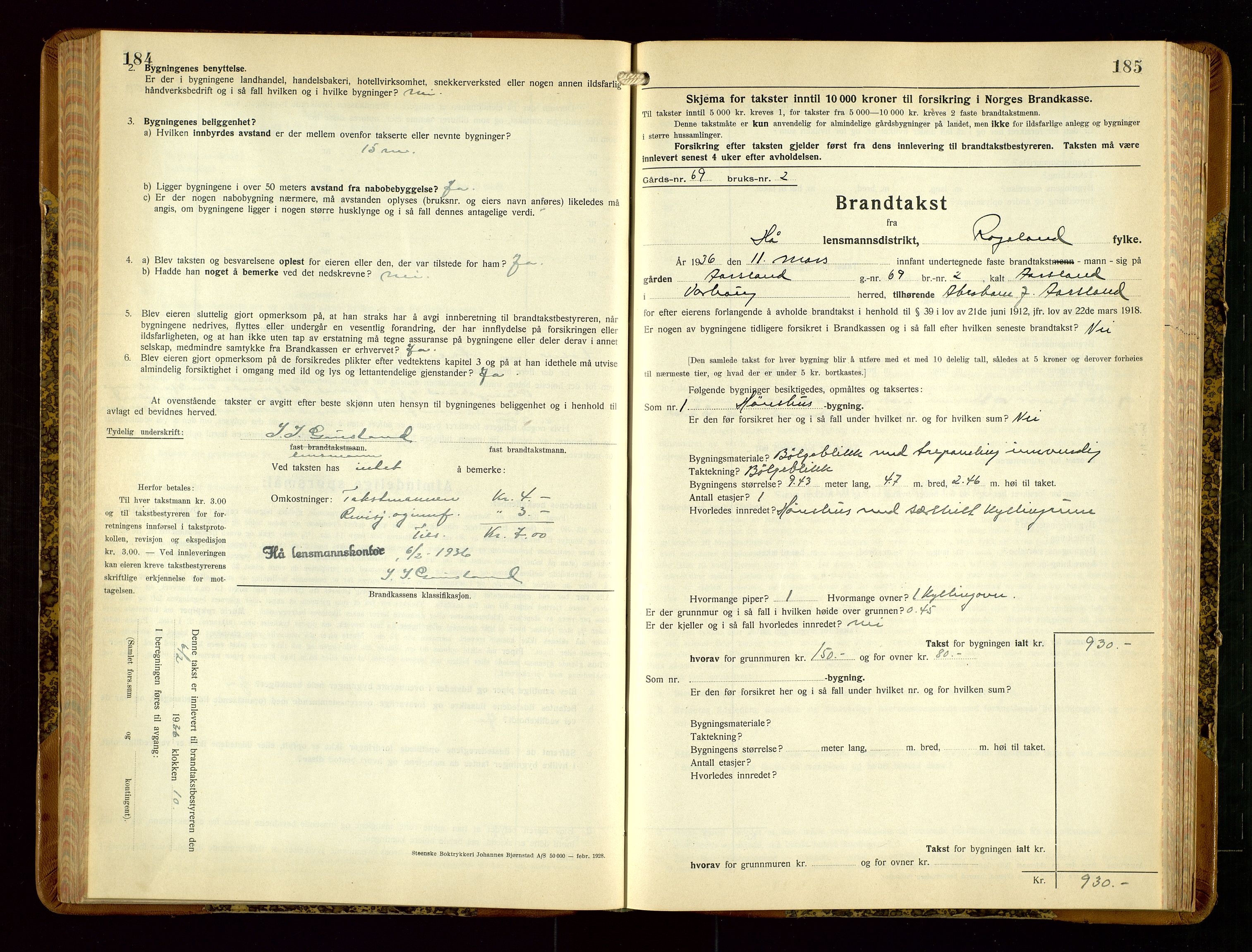 Hå lensmannskontor, AV/SAST-A-100456/Goa/L0006: Takstprotokoll (skjema), 1932-1938, s. 184-185