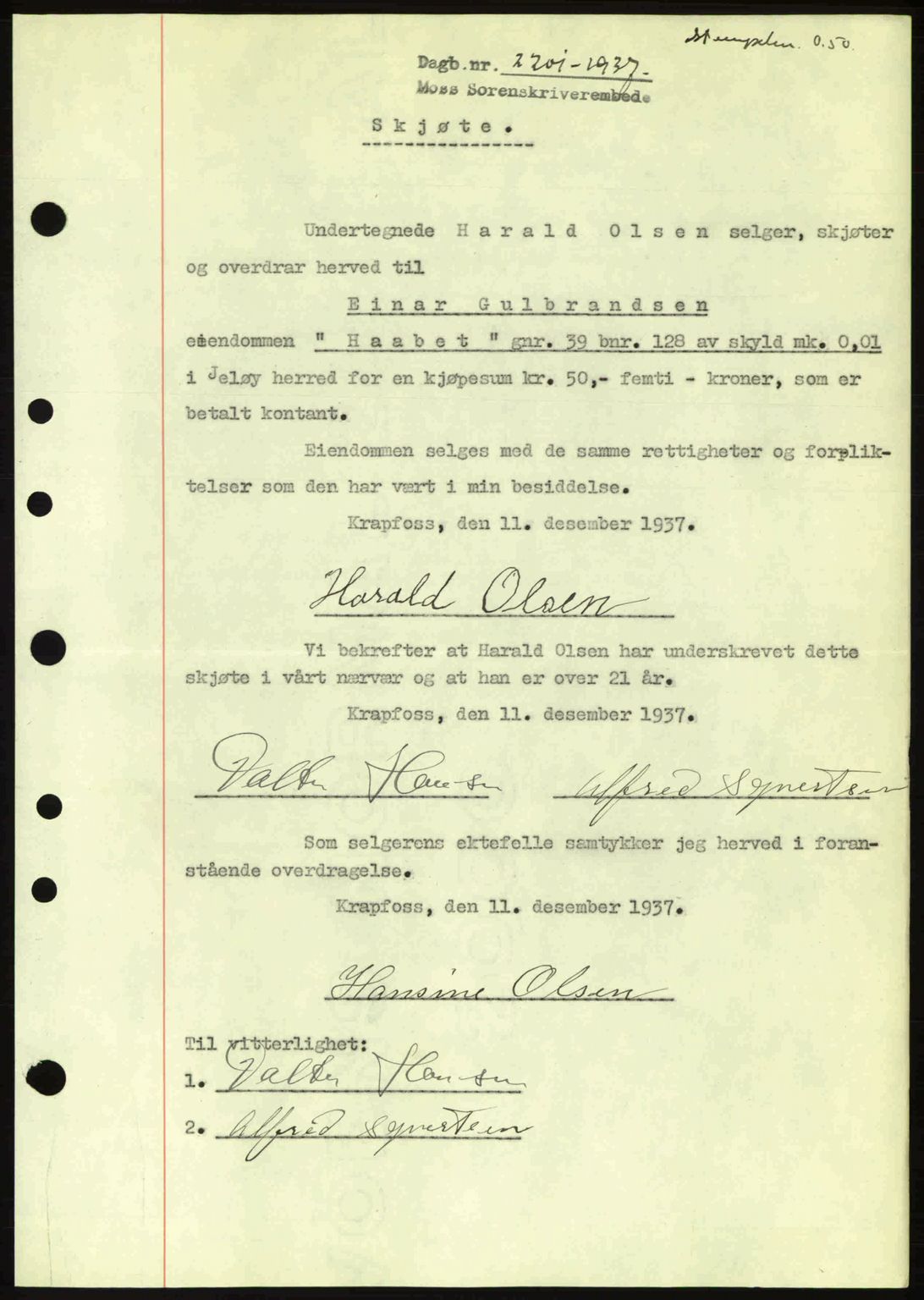 Moss sorenskriveri, SAO/A-10168: Pantebok nr. A3, 1937-1938, Dagboknr: 2201/1937